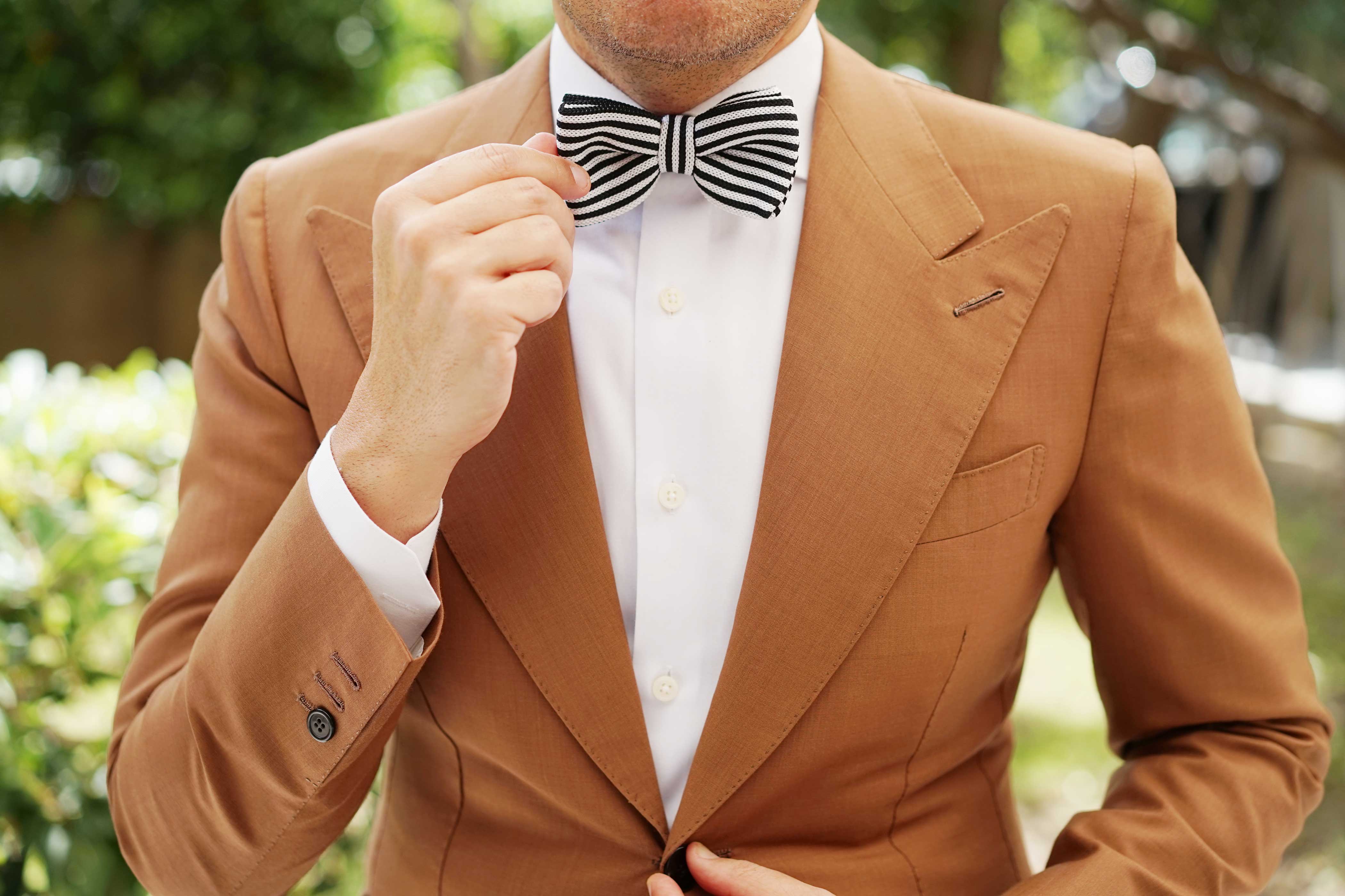 Black and White Striped Knitted Bow Tie