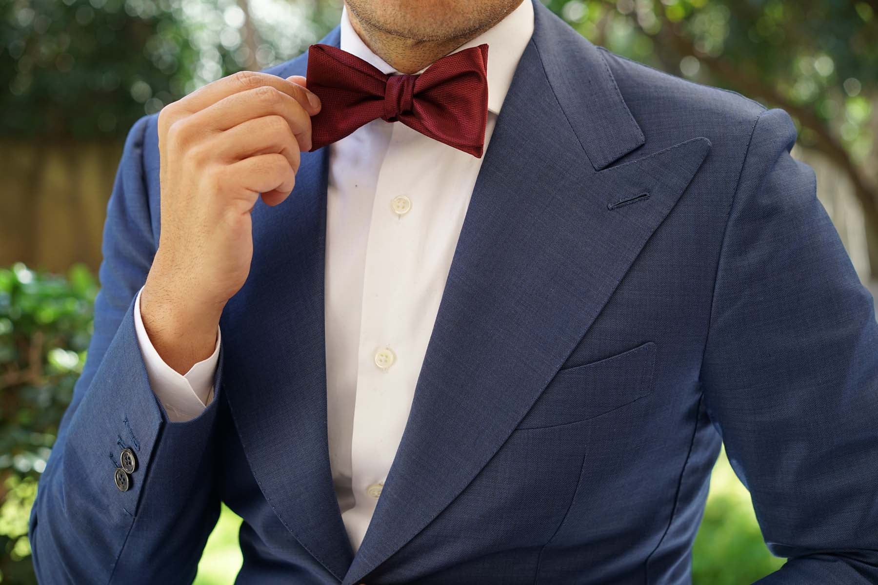 Burgundy Herringbone Self Bow Tie