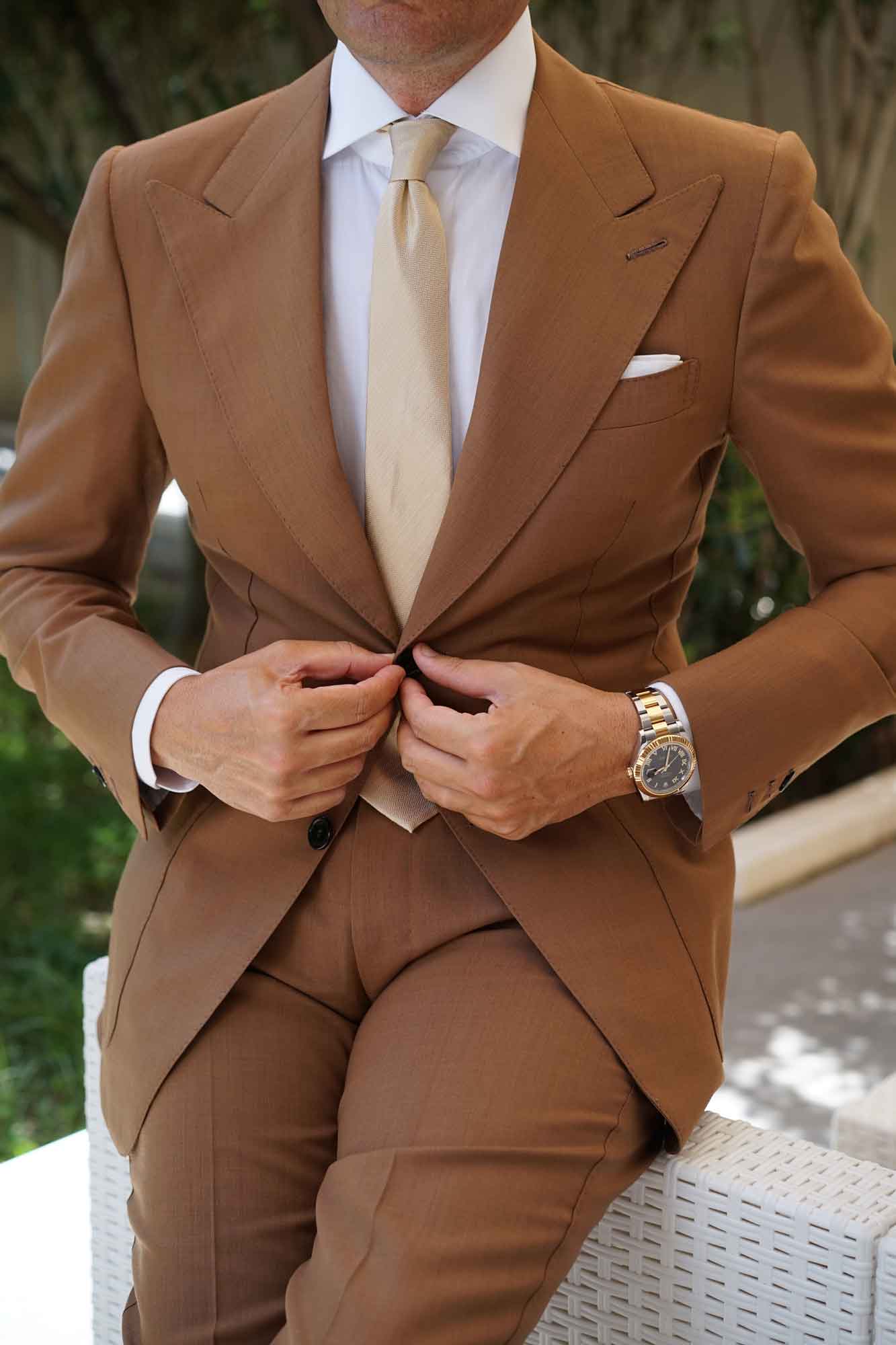 Champagne Gold Herringbone Chevron Skinny Tie