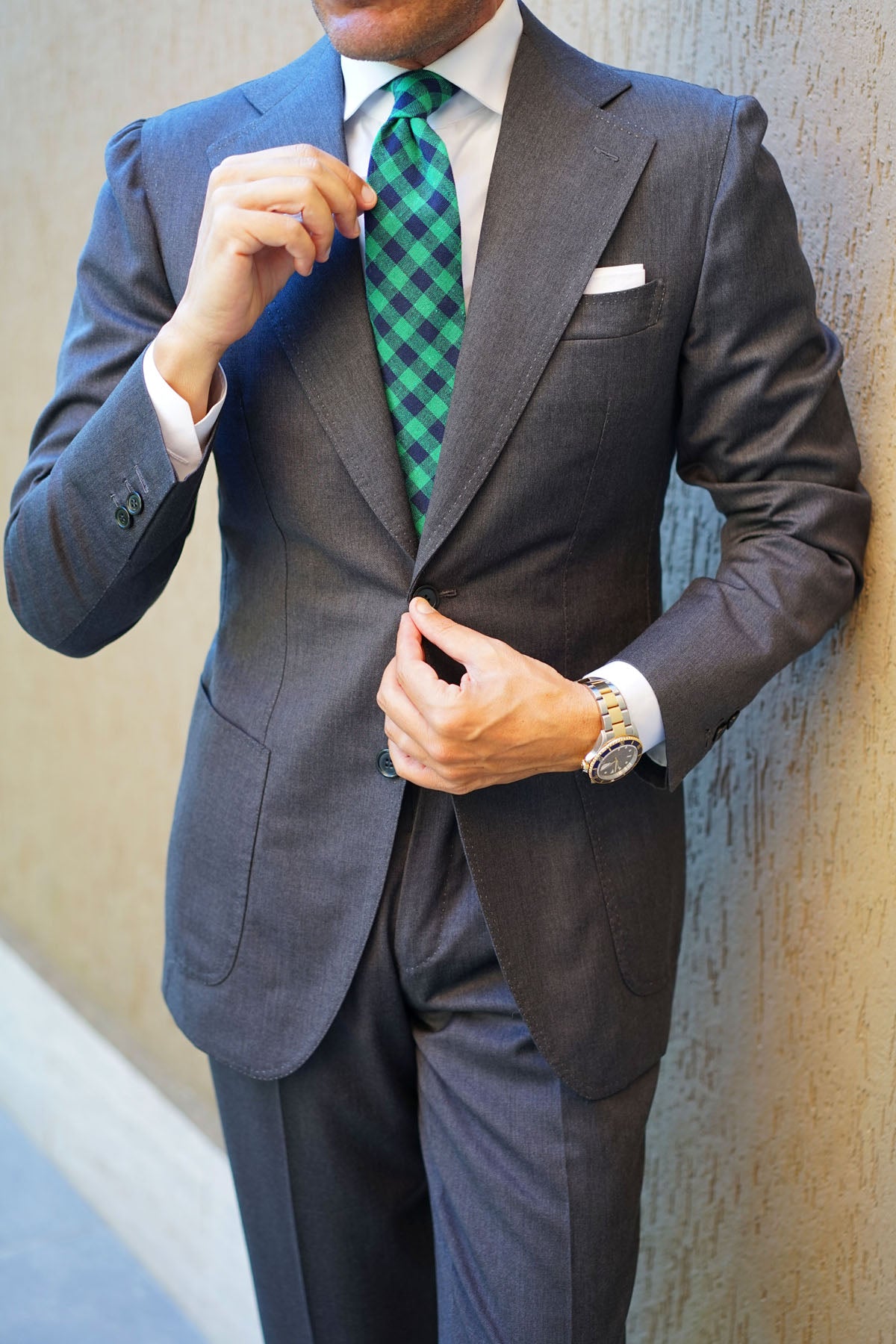 Raw Green Gingham Linen Tie