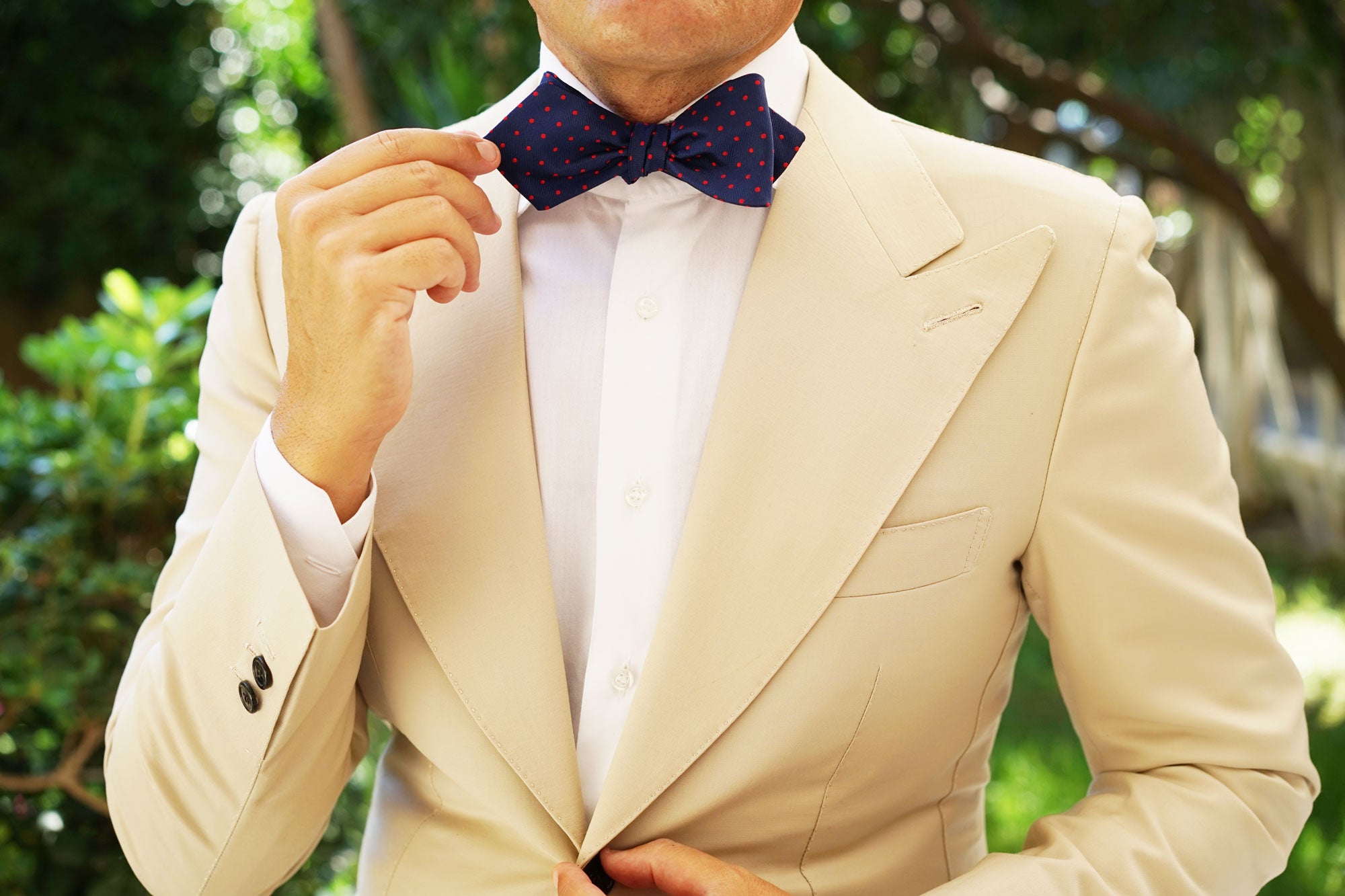 Navy on Red Mini Pin Dots Diamond Self Bow Tie