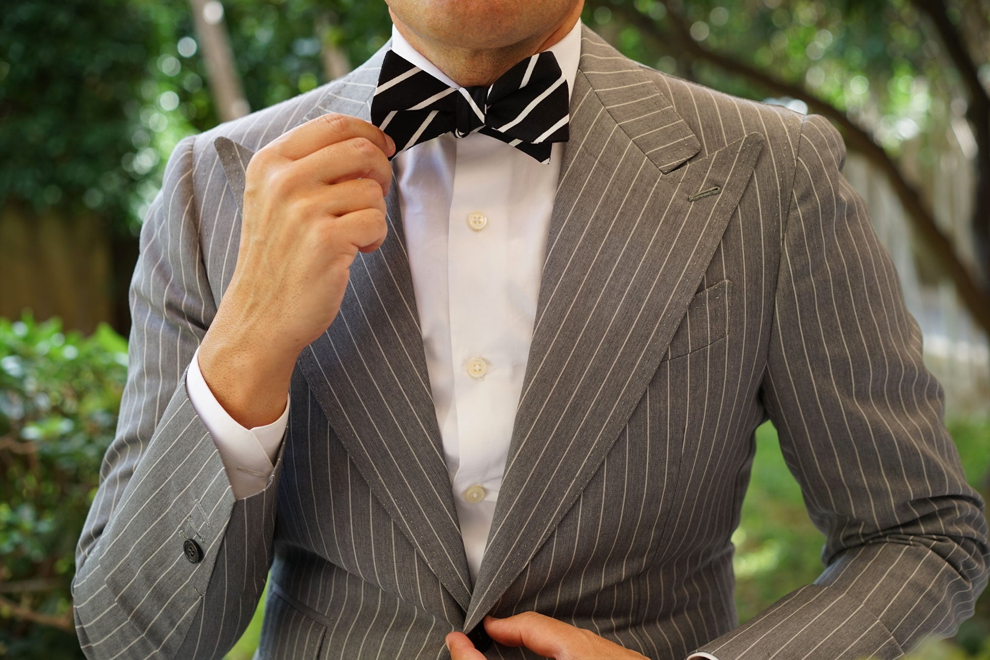 Onyx Black Pencil Striped Linen Self Bow Tie