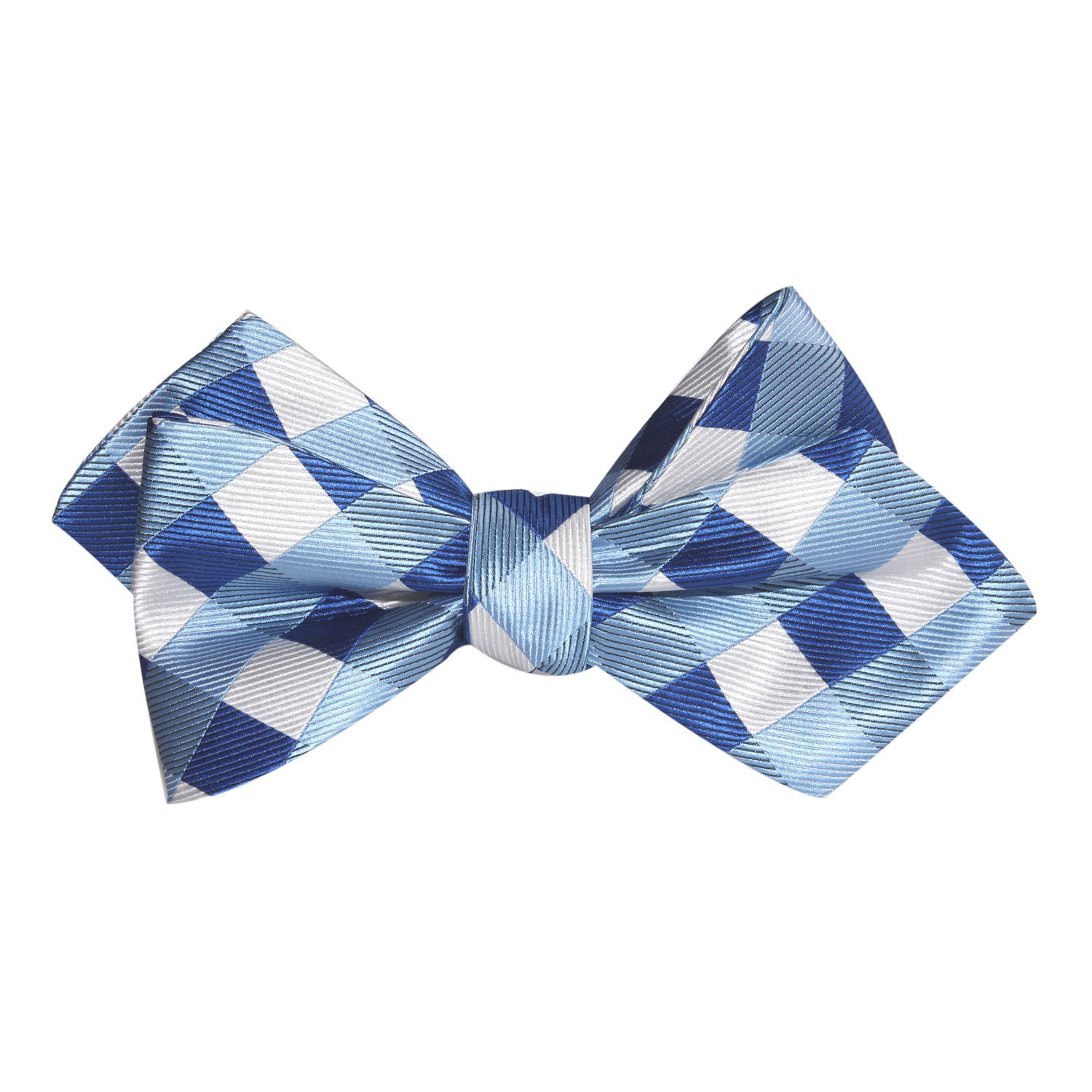 Sea and Light Blue White Checkered Self Tie Diamond Tip Bow Tie