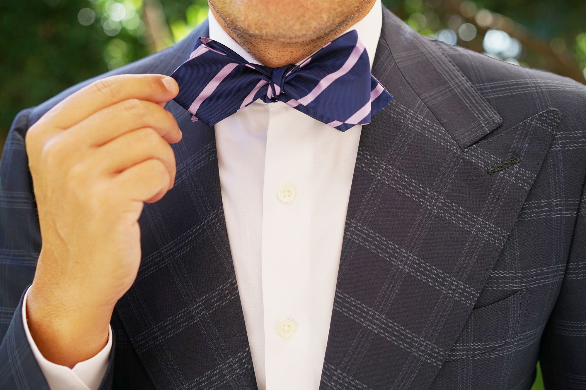 Navy Blue with Lavender Purple Stripes Self Tie Diamond Tip Bow Tie