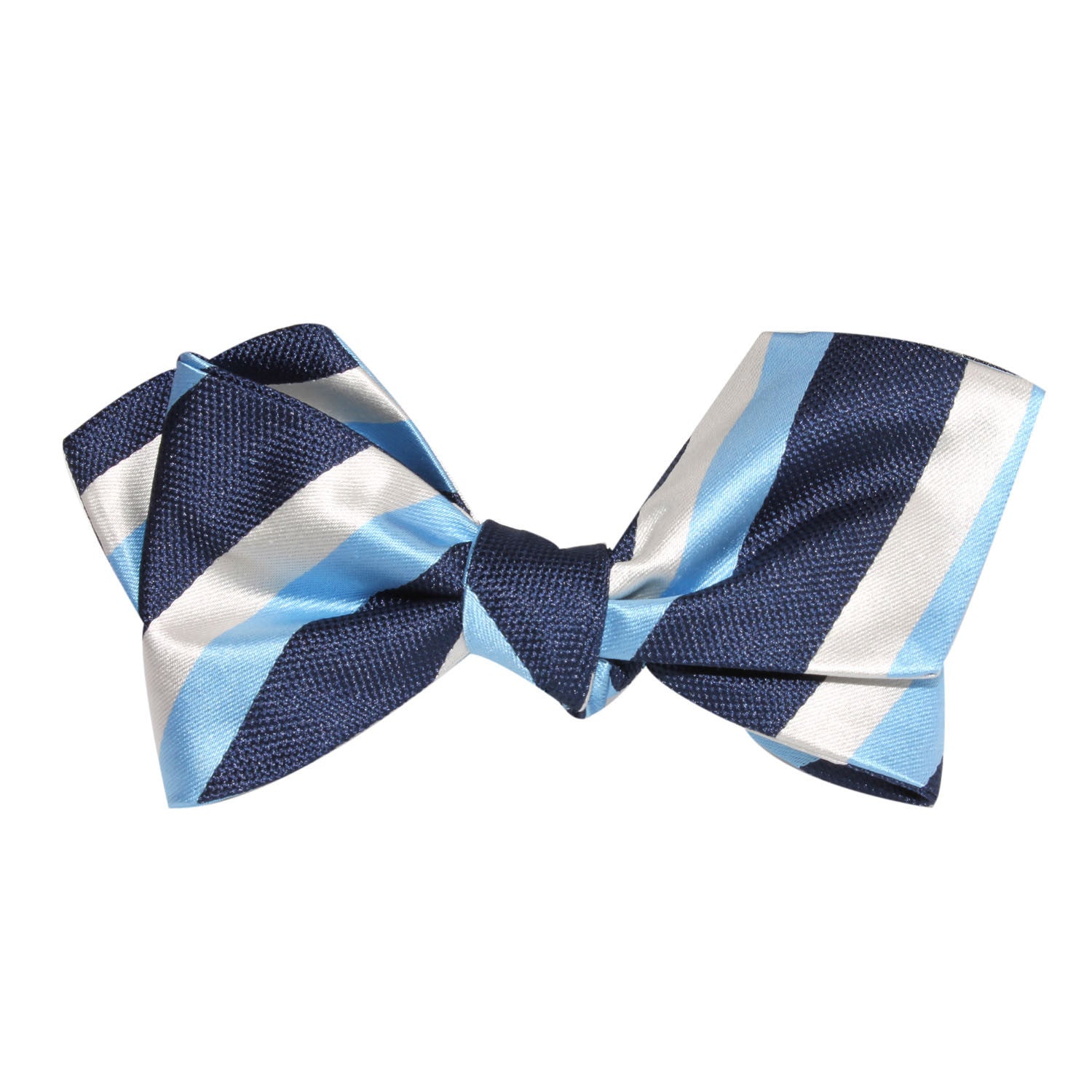 White Navy and Light Blue Striped Self Tie Diamond Tip Bow Tie