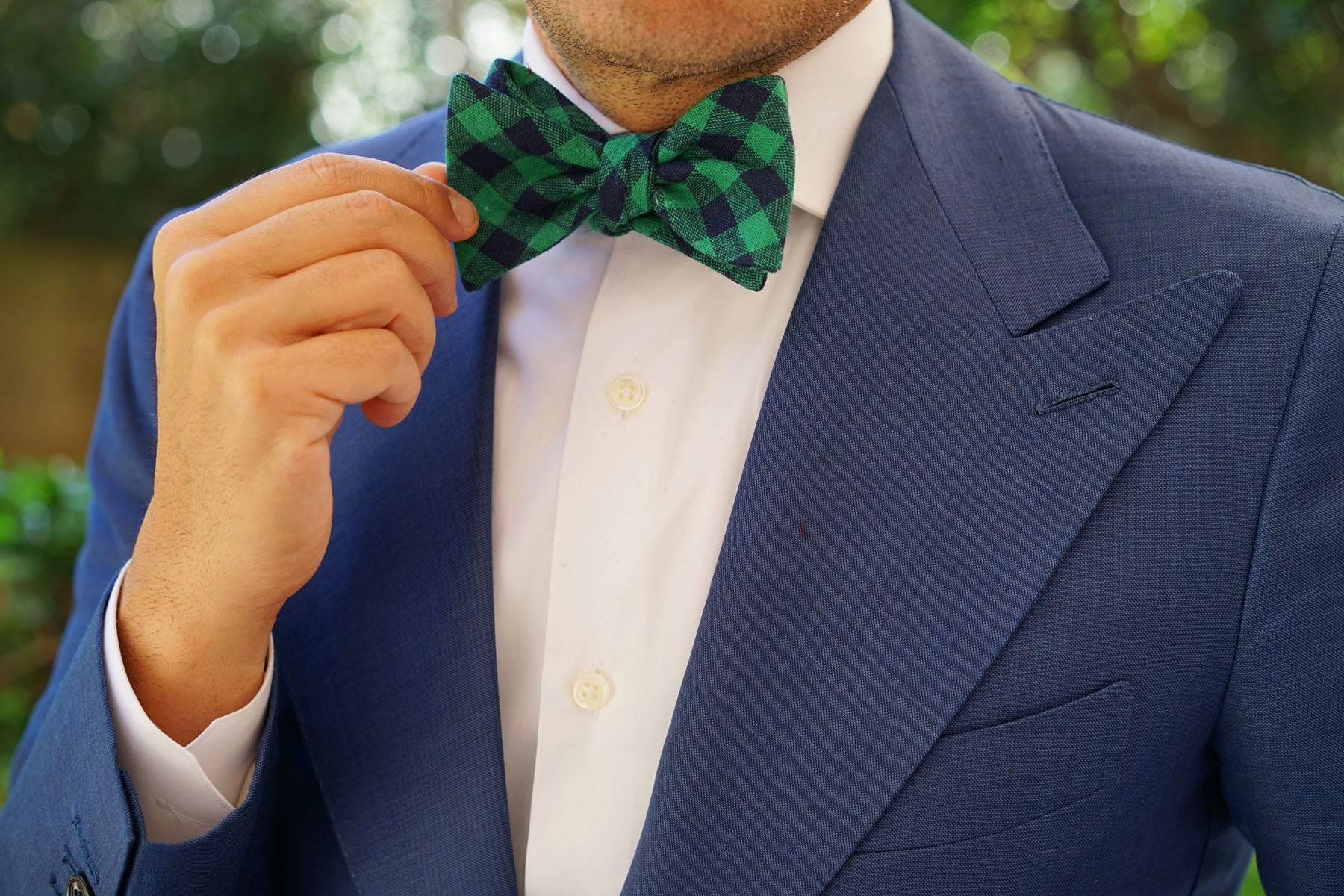 Raw Green Gingham Linen Self Bow Tie