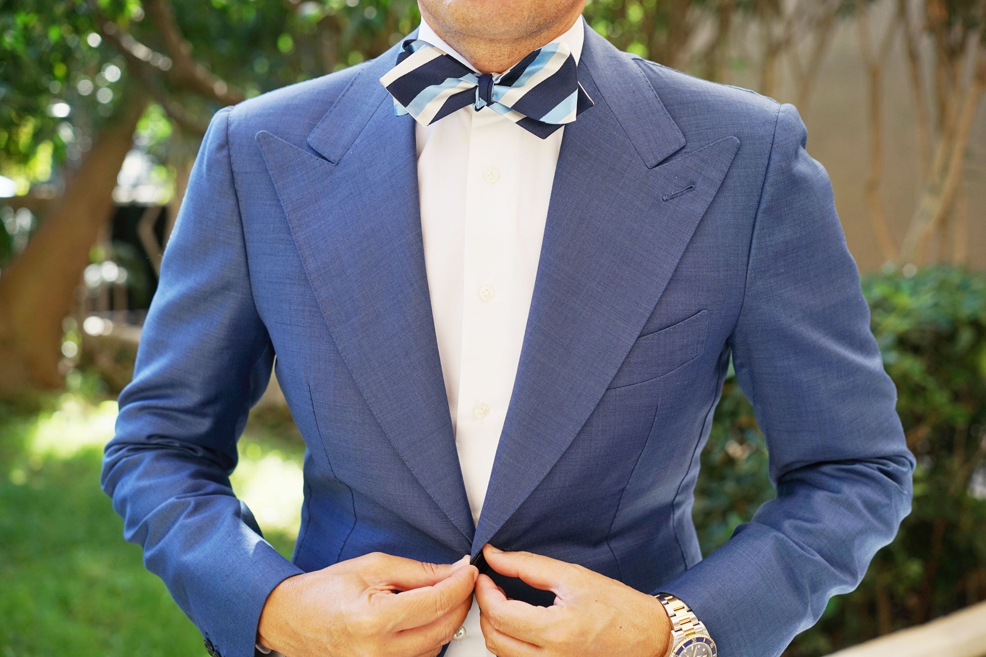 White Navy and Light Blue Striped Self Tie Diamond Tip Bow Tie