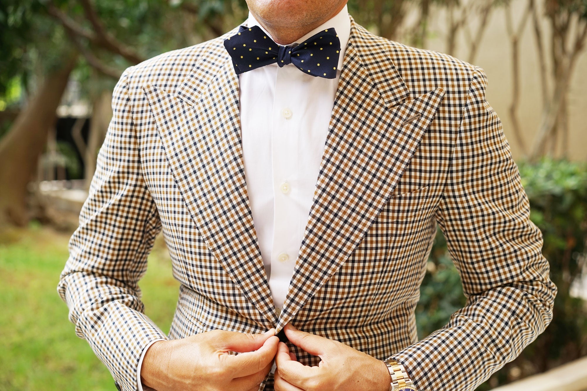 Navy Blue with Yellow Polka Dots Self Tie Diamond Tip Bow Tie