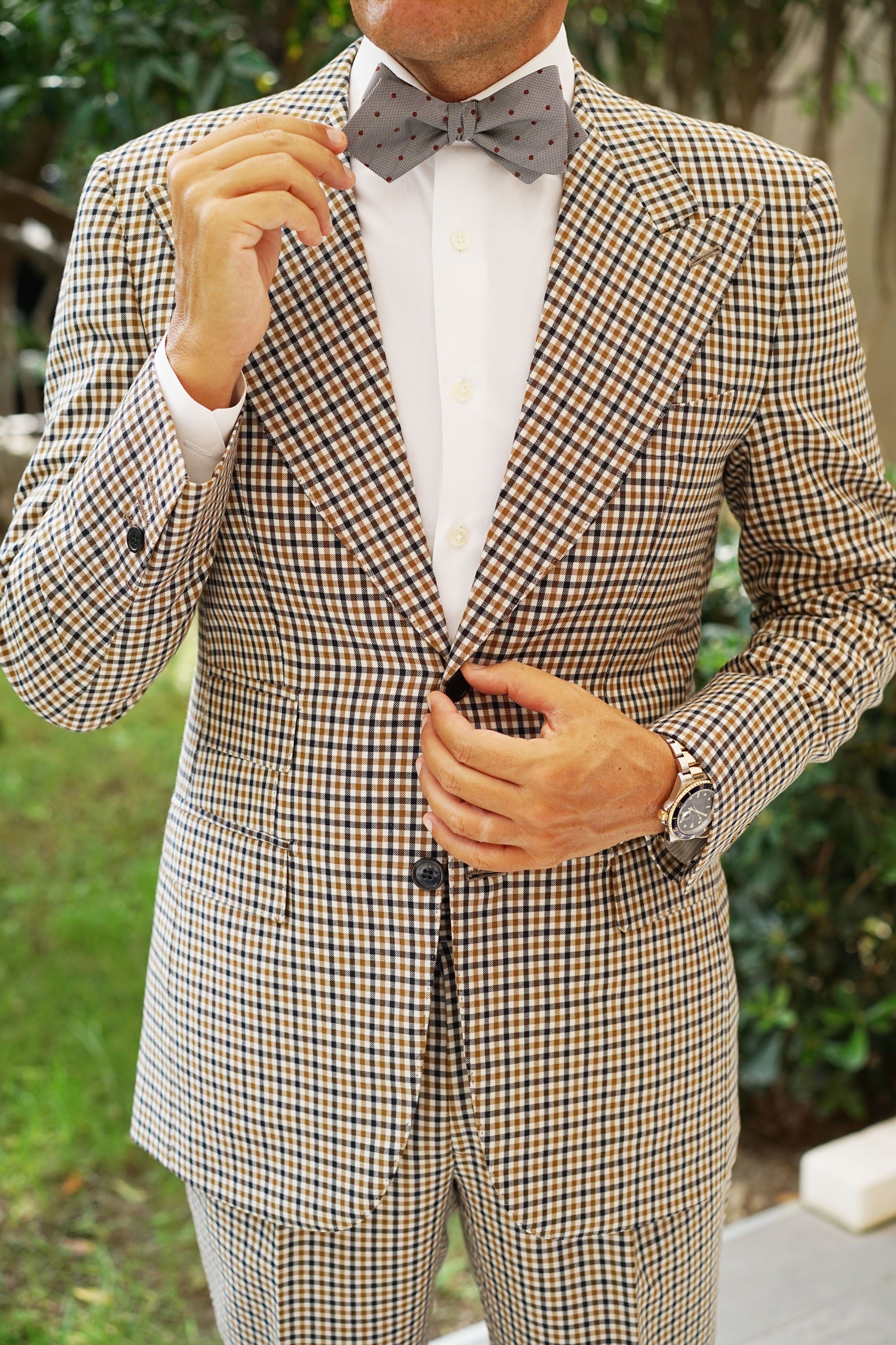 Grey with Brown Polka Dots Self Tie Diamond Tip Bow Tie