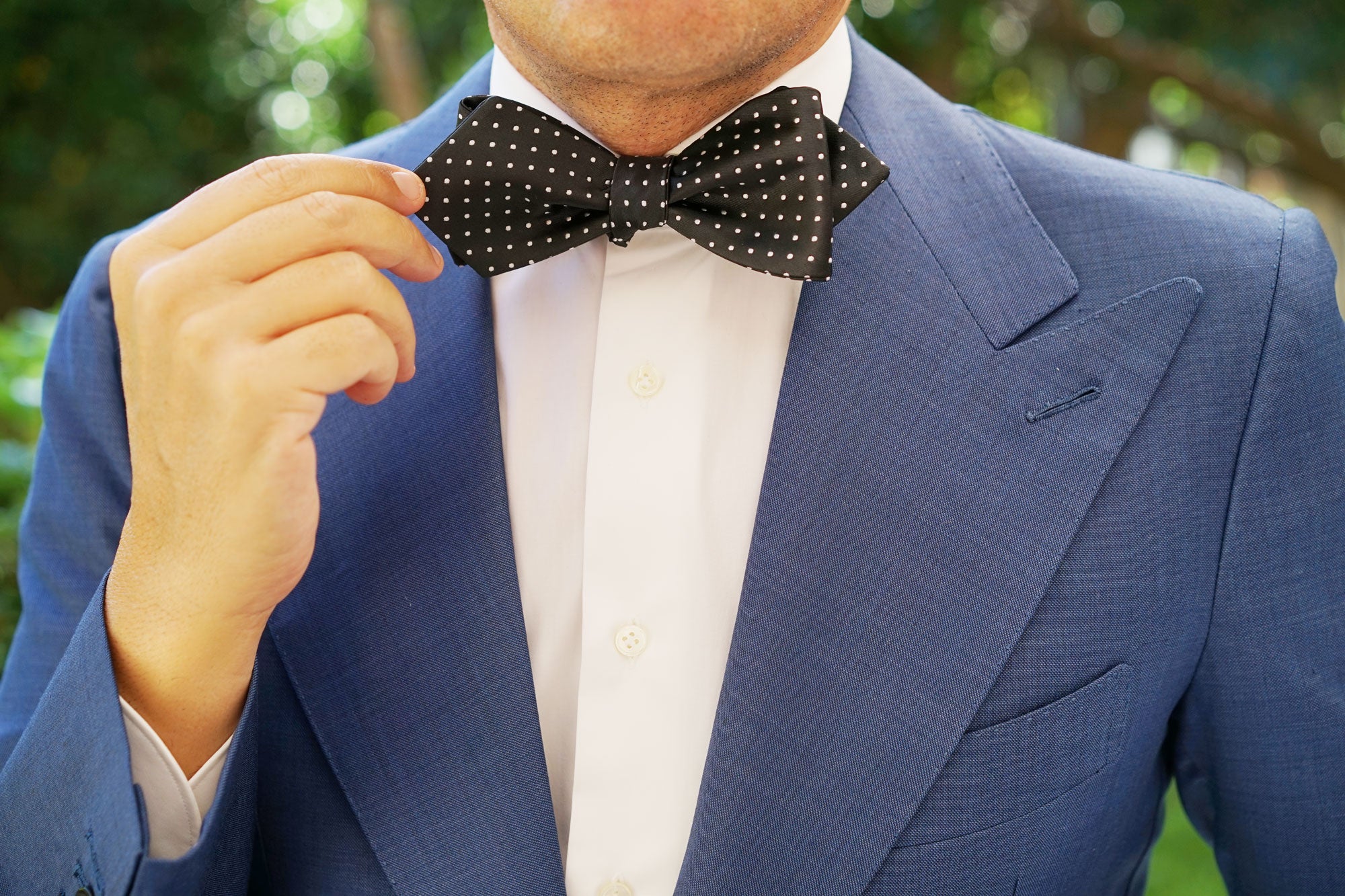 Black with Small White Polka Dots Self Tie Diamond Tip Bow Tie