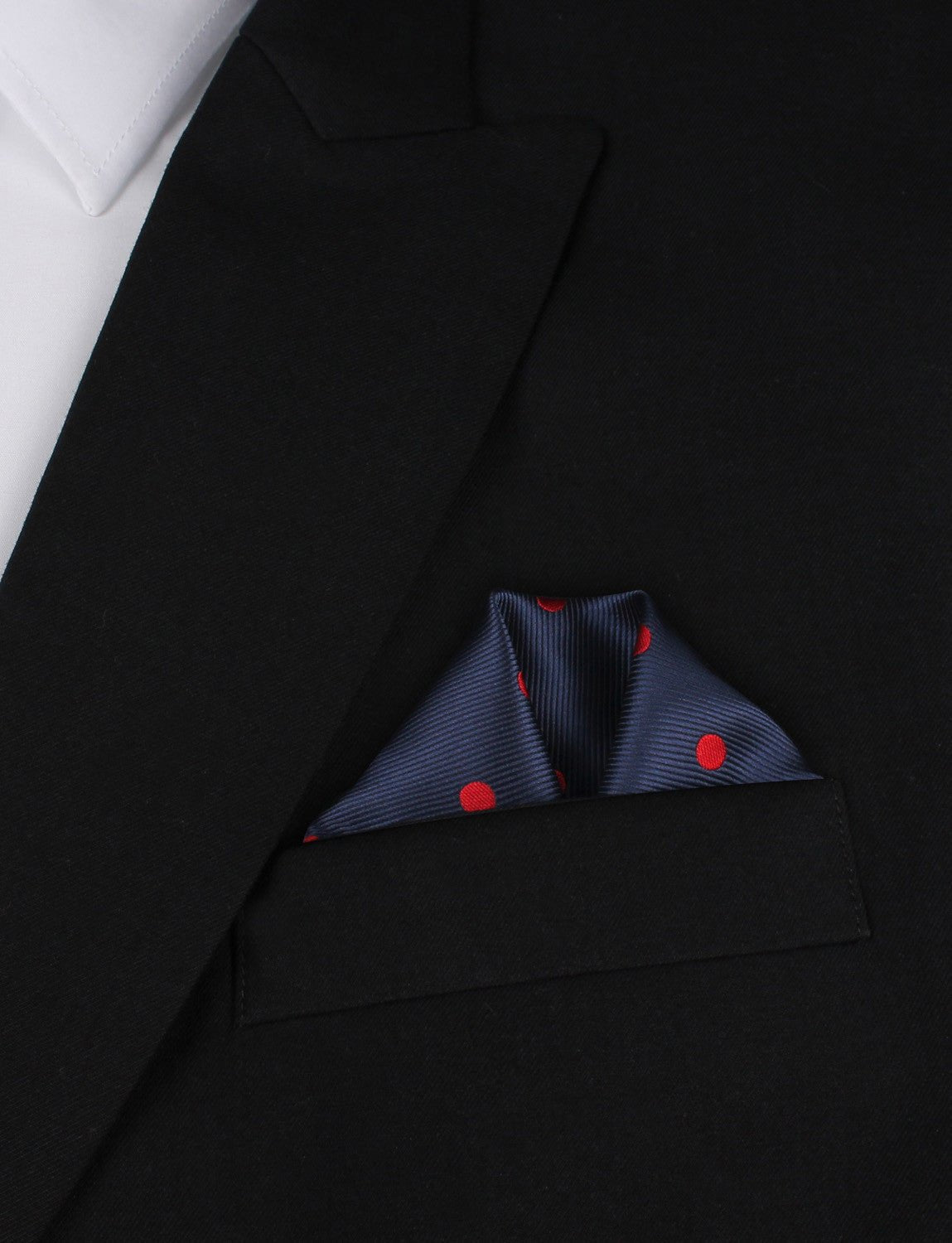 Navy Blue Pocket Square with Red Polka Dots