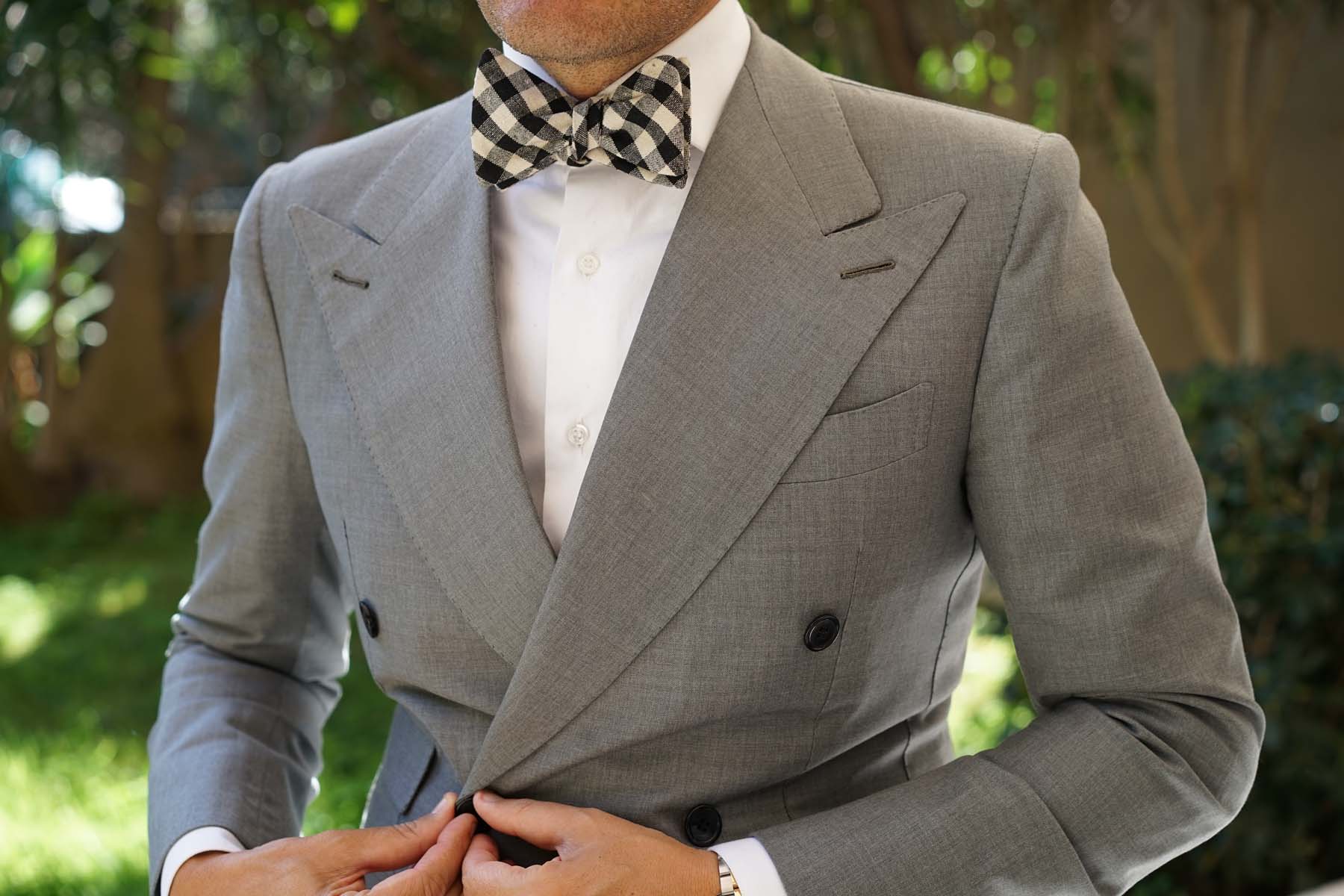 Khaki & Black Gingham Linen Self Bow Tie