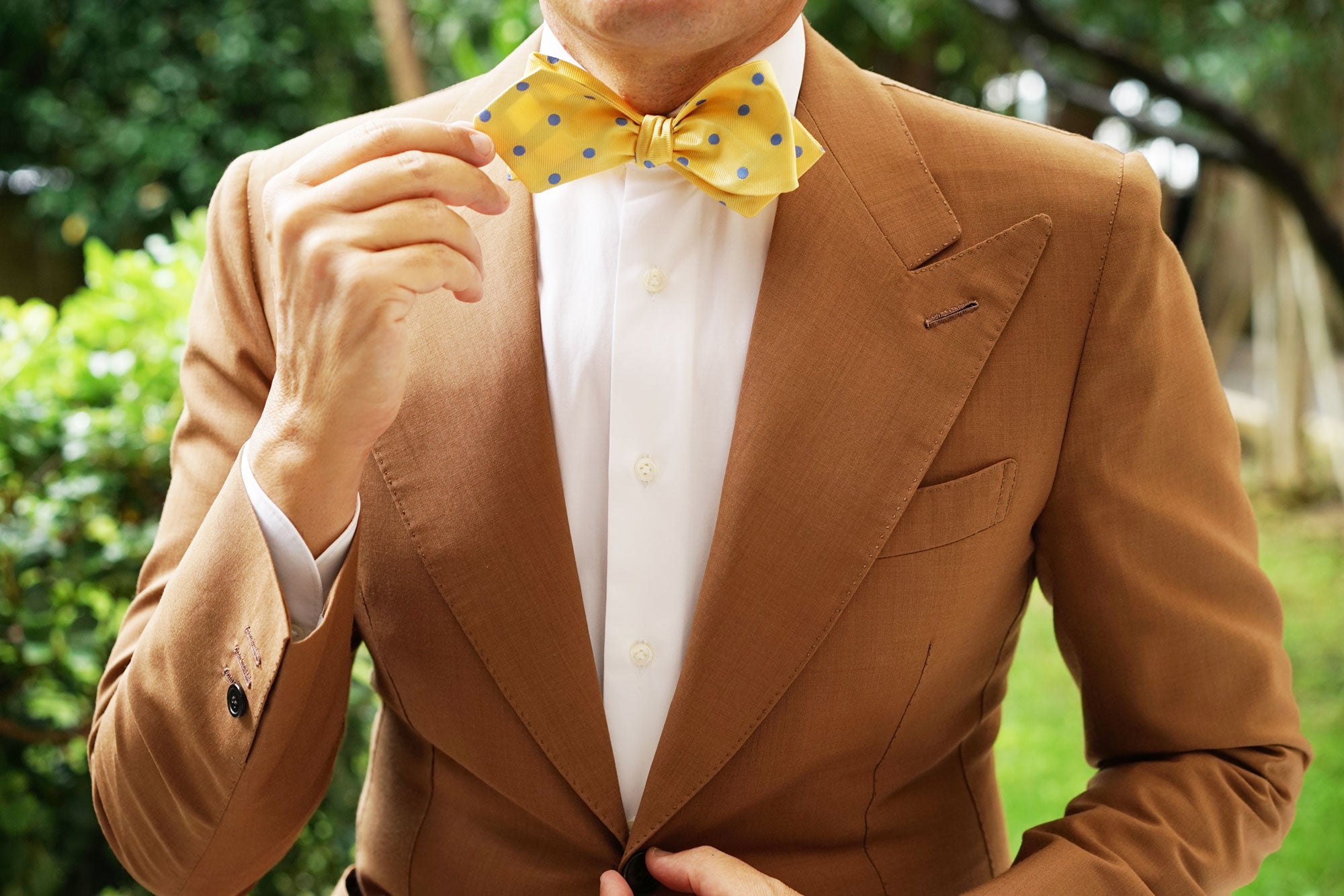 Yellow with Light Blue Polka Dots Self Tie Diamond Tip Bow Tie