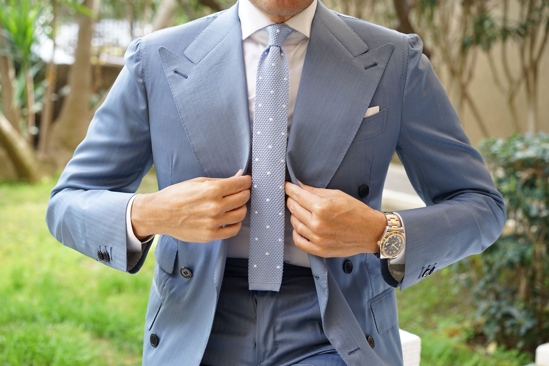 Light Blue Knitted Tie with White Polka Dots