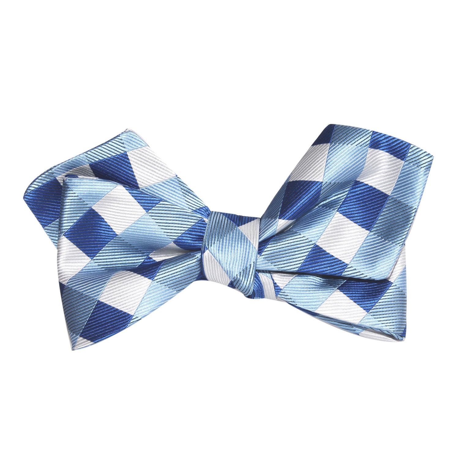 Sea and Light Blue White Checkered Self Tie Diamond Tip Bow Tie