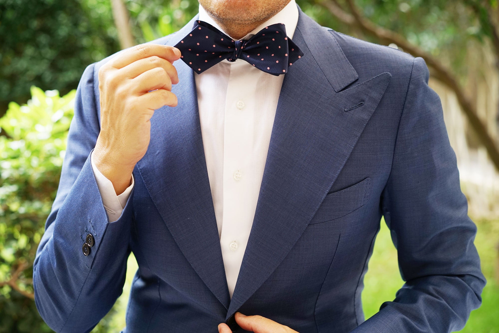 Navy Blue with Pink Polka Dots Self Tie Diamond Tip Bow Tie