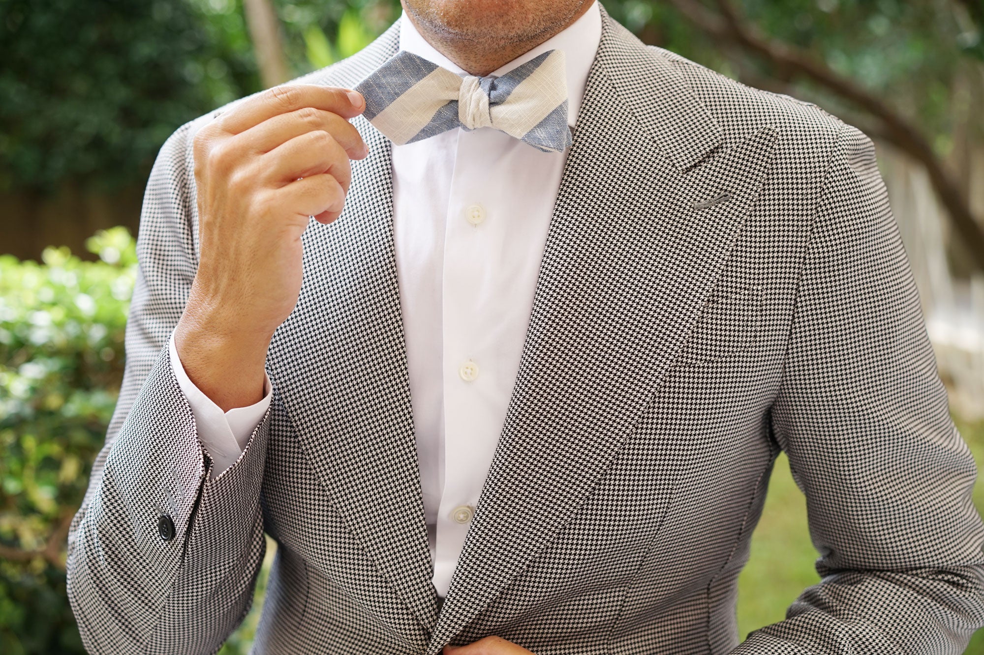 Kara Ada Light Blue Striped Linen Diamond Self Bow Tie