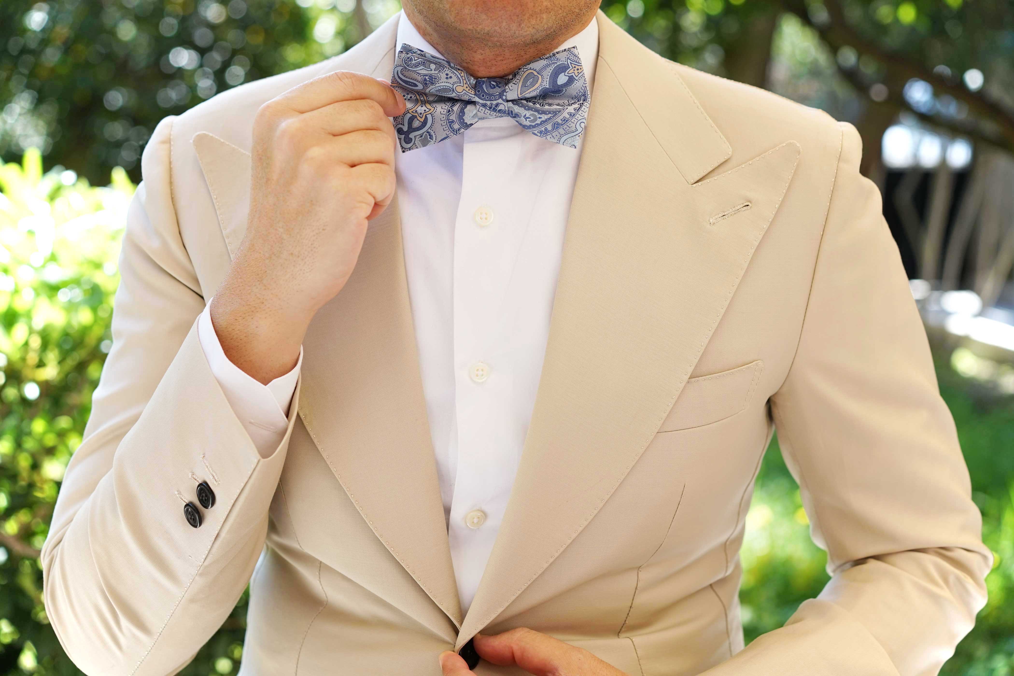 Paisley Silver Bow Tie with Light Blue