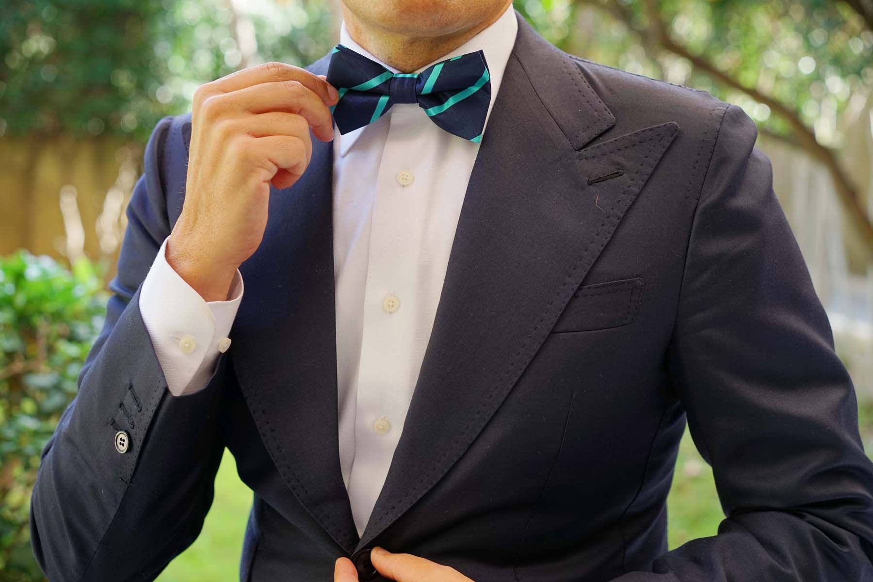 Navy Blue Bow Tie with Striped Light Blue