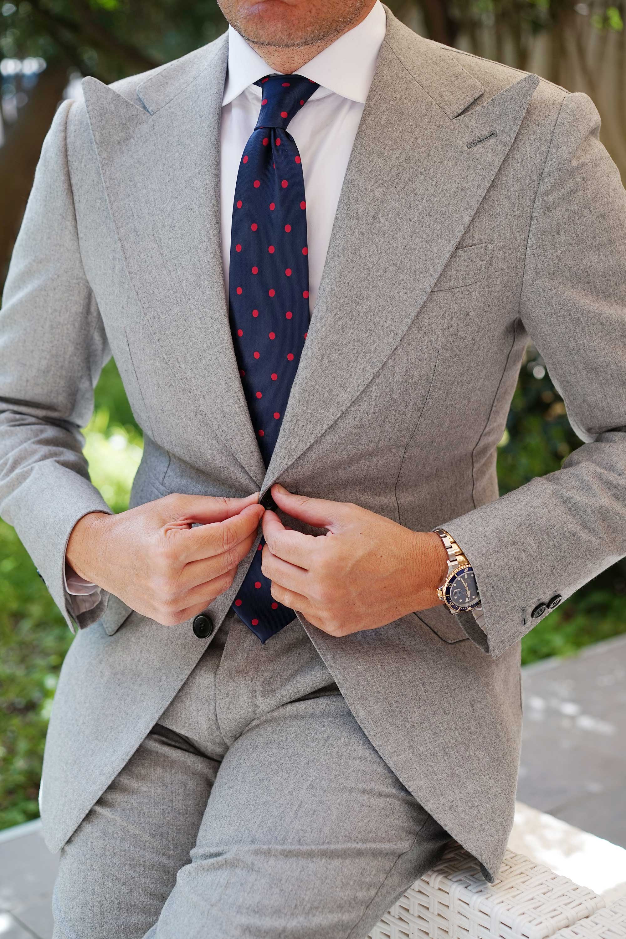 Navy Blue Tie with Red Polka Dots