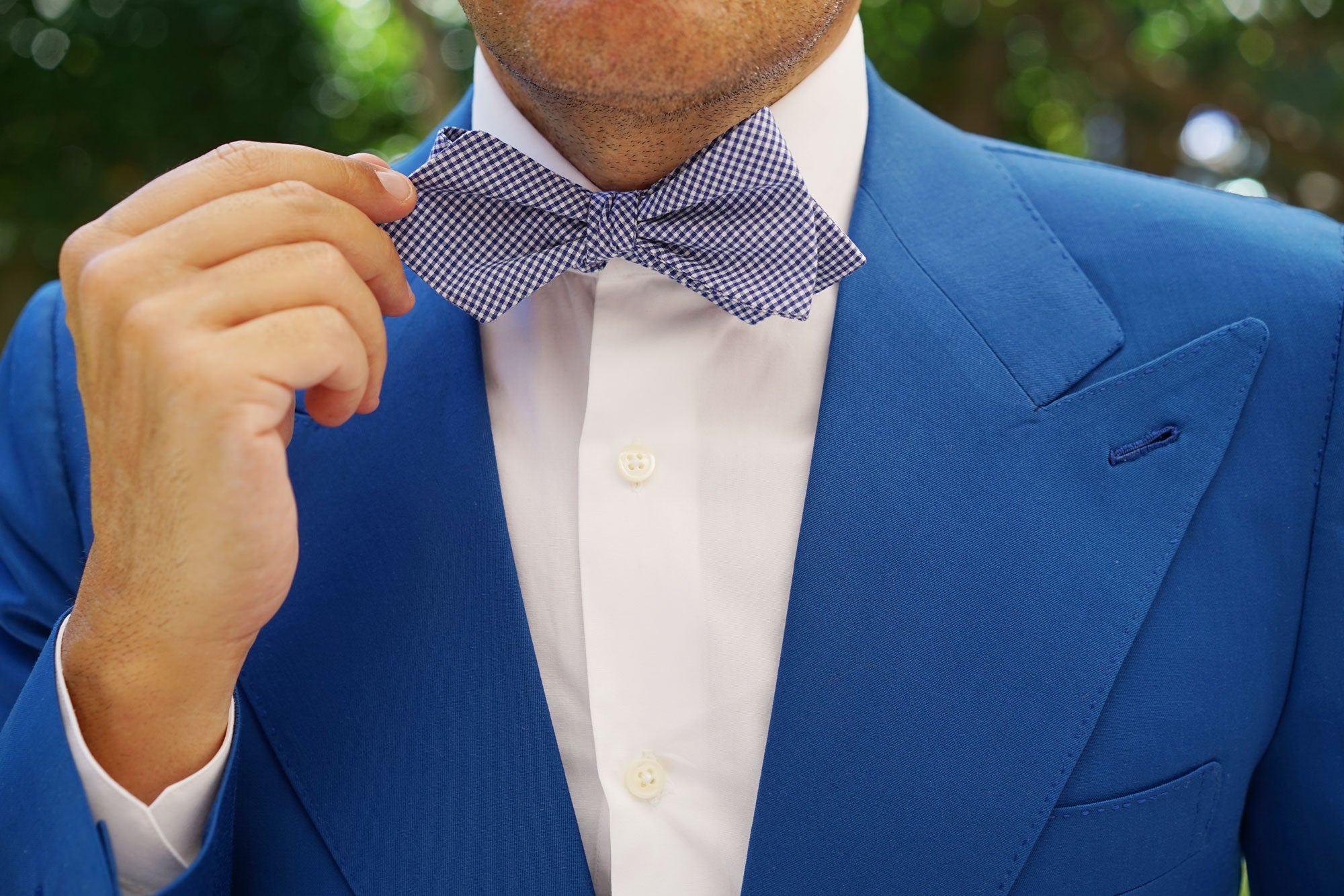 Blue Gingham Cotton Self Tie Diamond Bow Tie