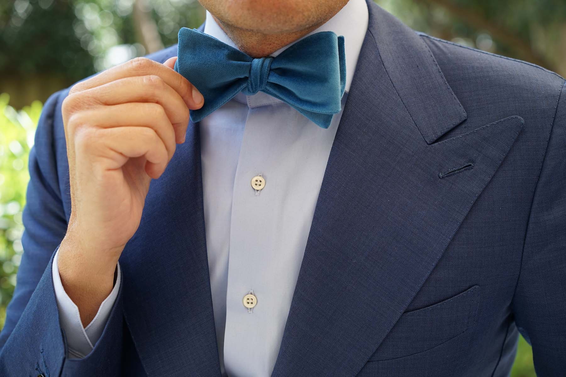 Teal Blue Velvet Self Bow Tie