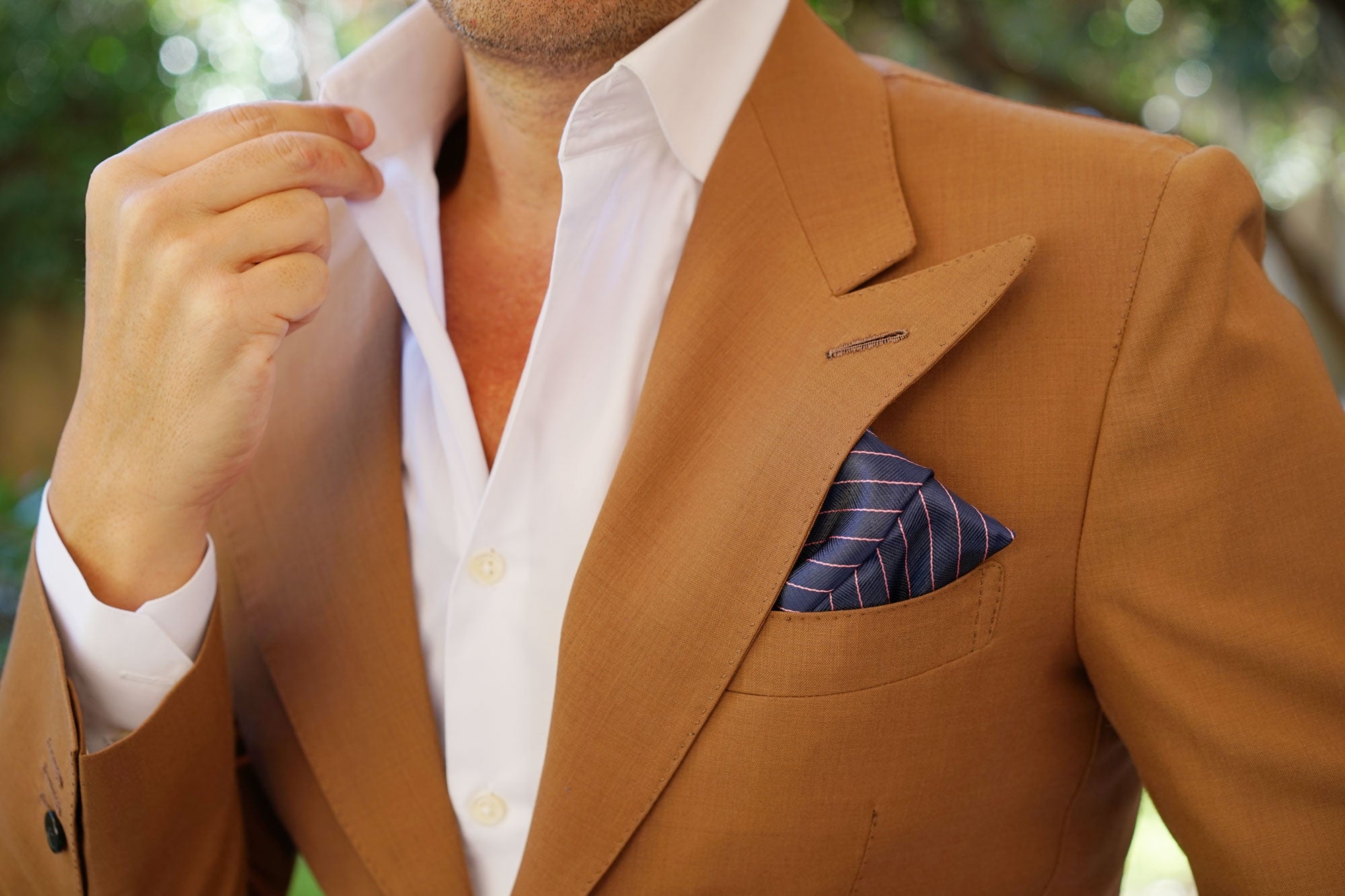 Pink Striped Navy Blue Herringbone Pocket Square