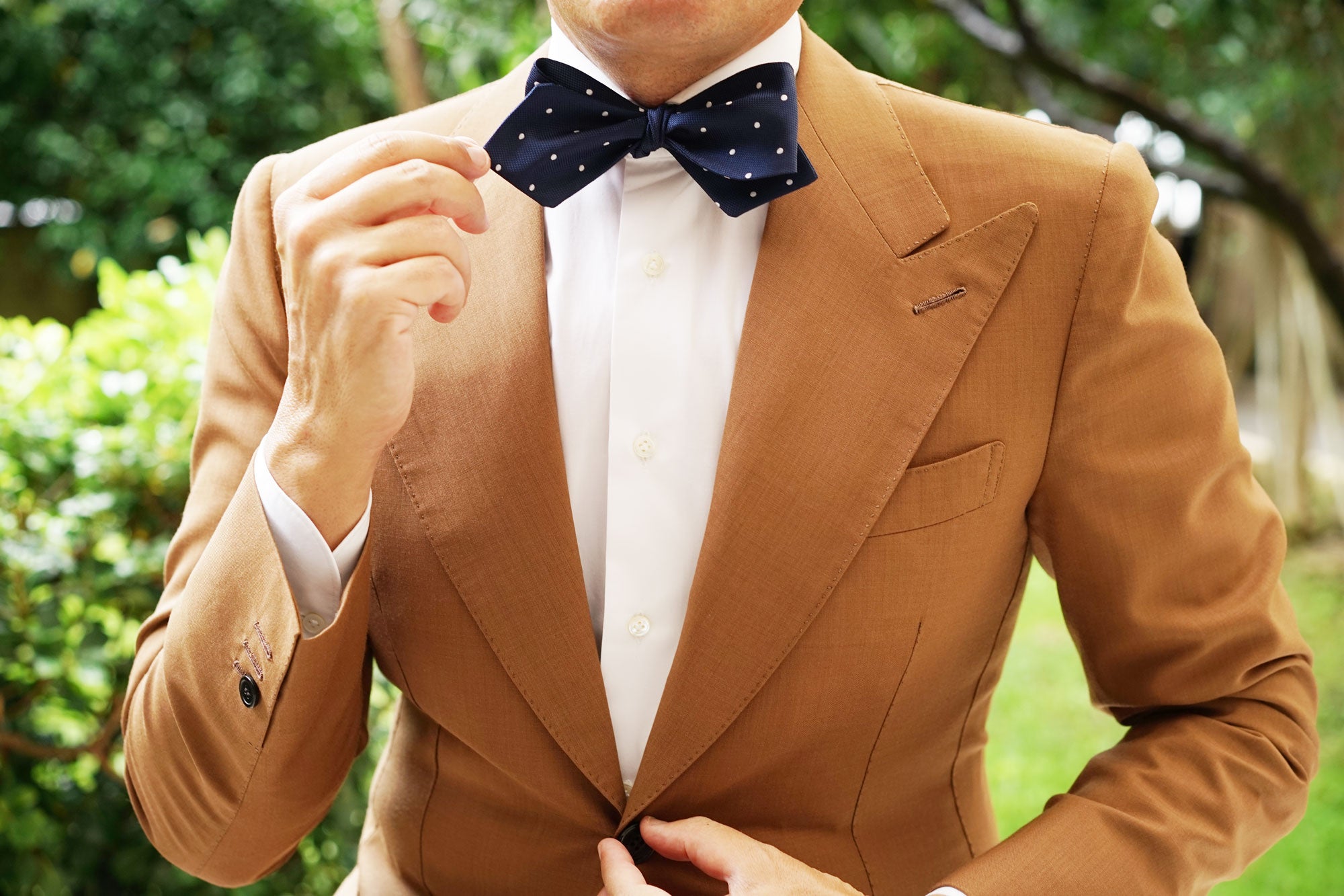 Navy Blue with White Polkadots Textured Self Tie Diamond Tip Bow Tie