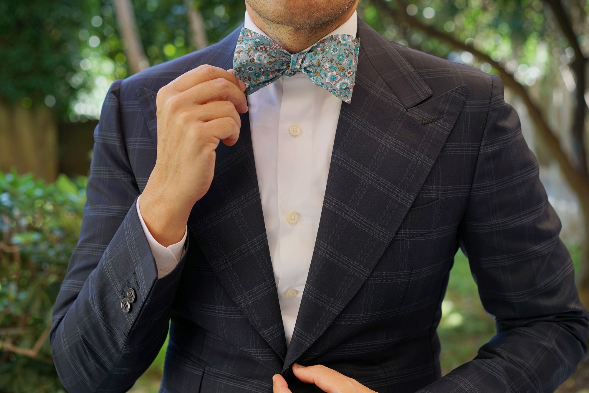 Japanese Sage Green Floral Self Bow Tie