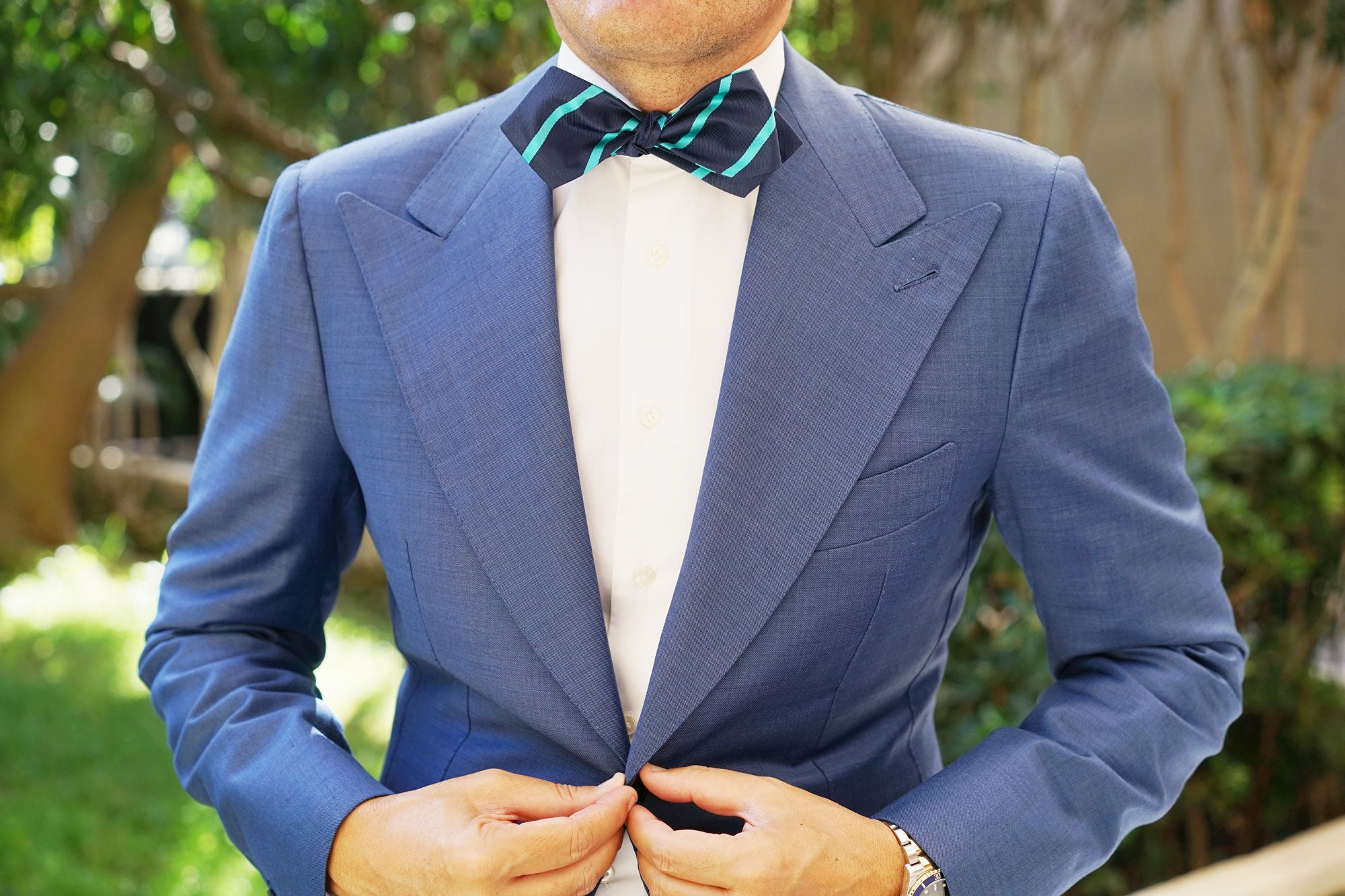 Navy Blue with Striped Light Blue Self Tie Diamond Tip Bow Tie