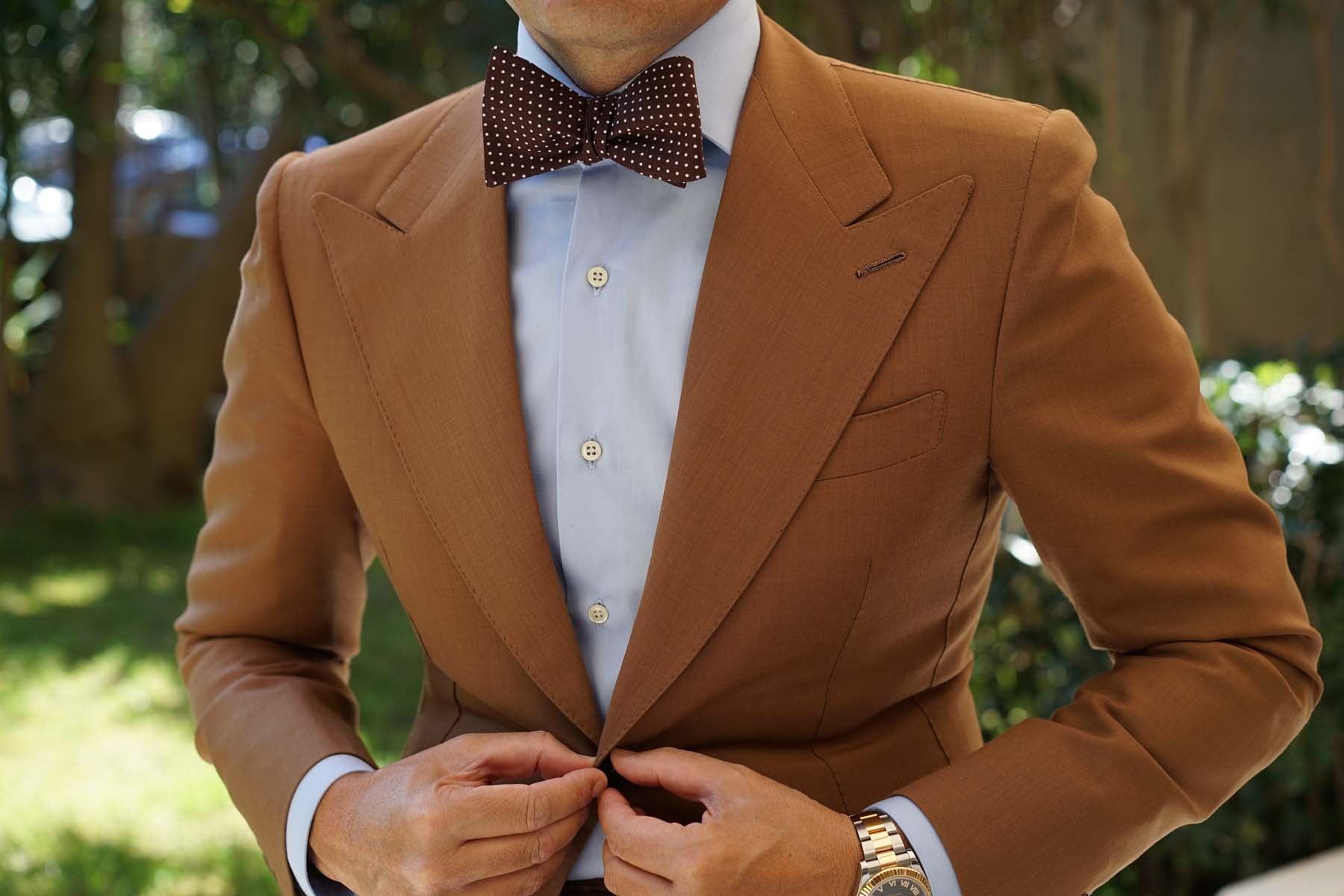 Lungo Brown Polkadot Cotton Self Bow Tie