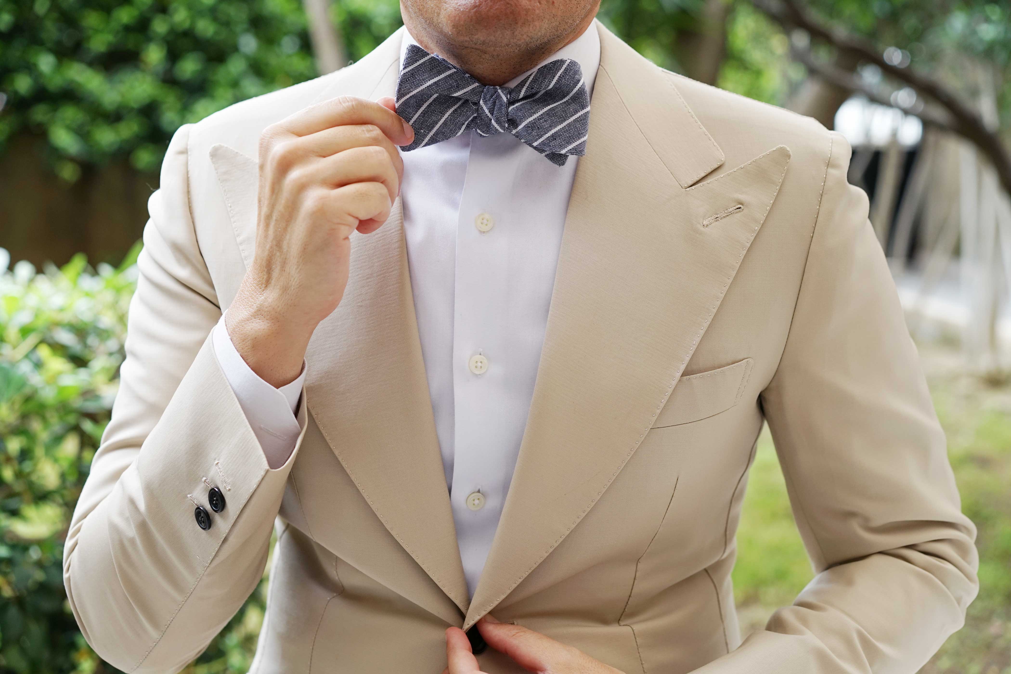 Starry Night Blue Pinstripe Linen Self Bow Tie