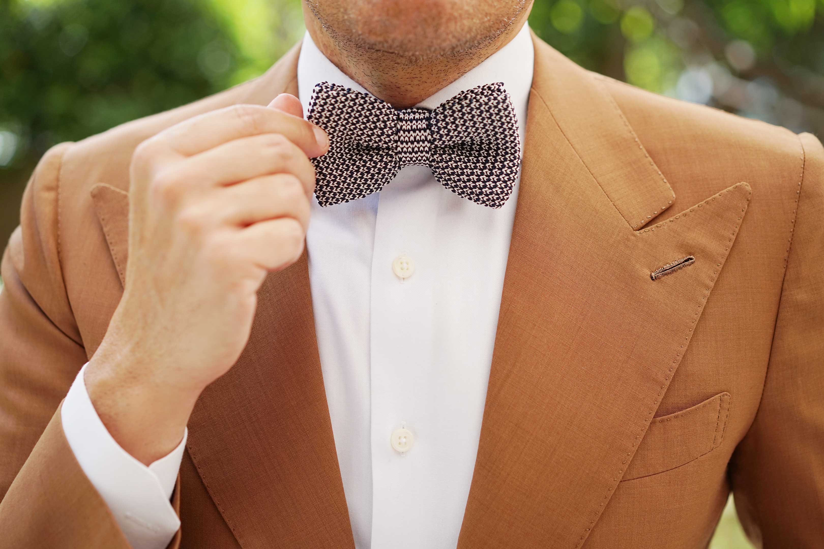 White with Navy Blue Knitted Bow Tie