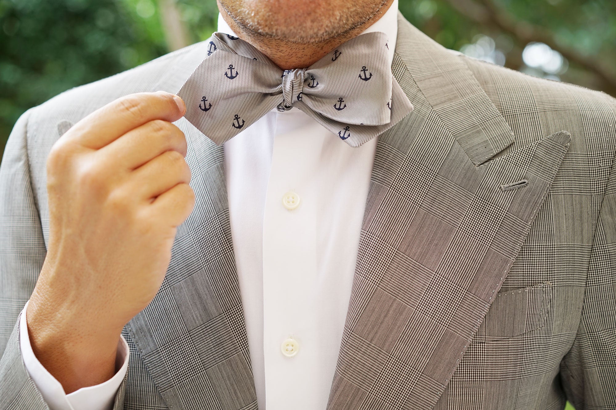 The OTAA Light Grey with Navy Blue Anchors Self Tie Diamond Tip Bow Tie