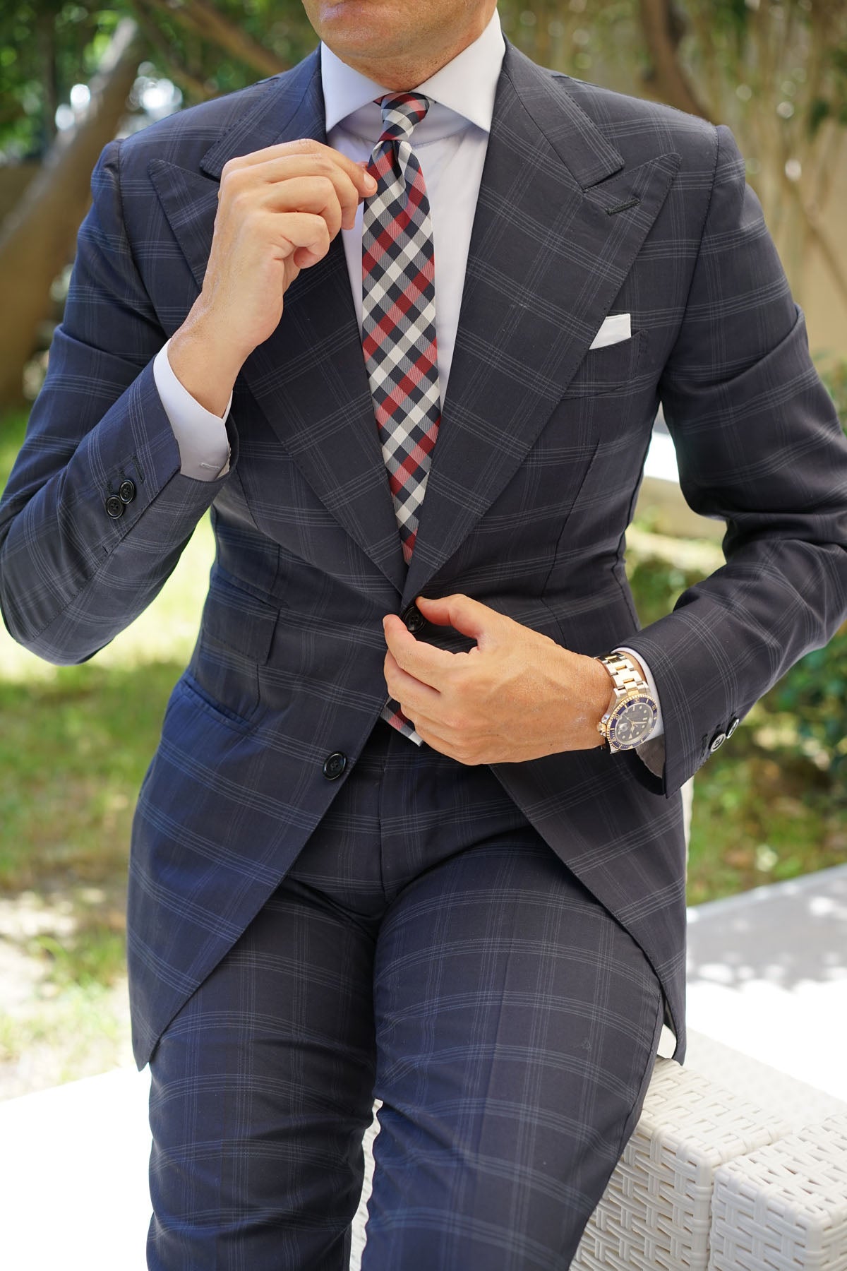 Navy Checkered Scotch Red Skinny Tie