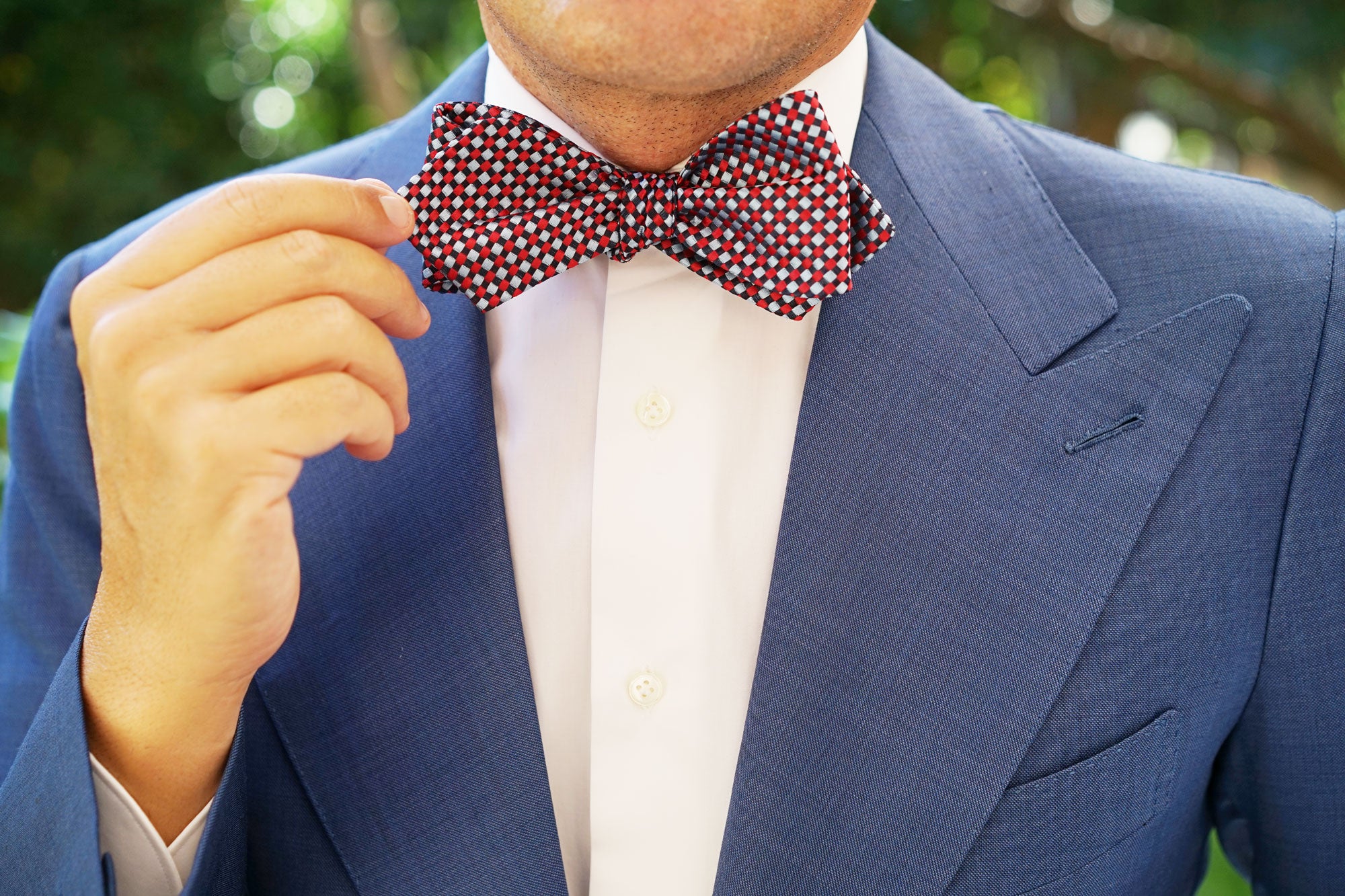 Navy and Light Blue Red Checkered Self Tie Diamond Tip Bow Tie