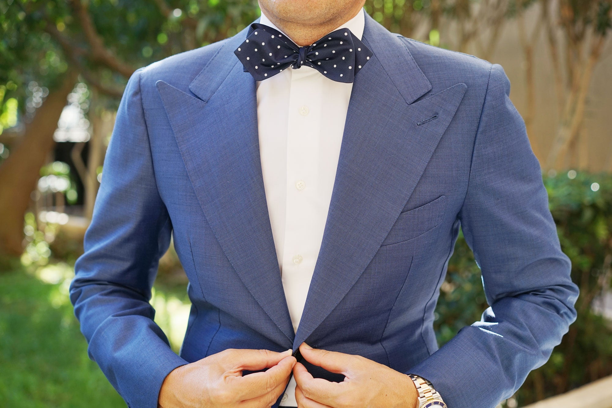 Navy Blue with White Polka Dots Self Tie Diamond Tip Bow Tie