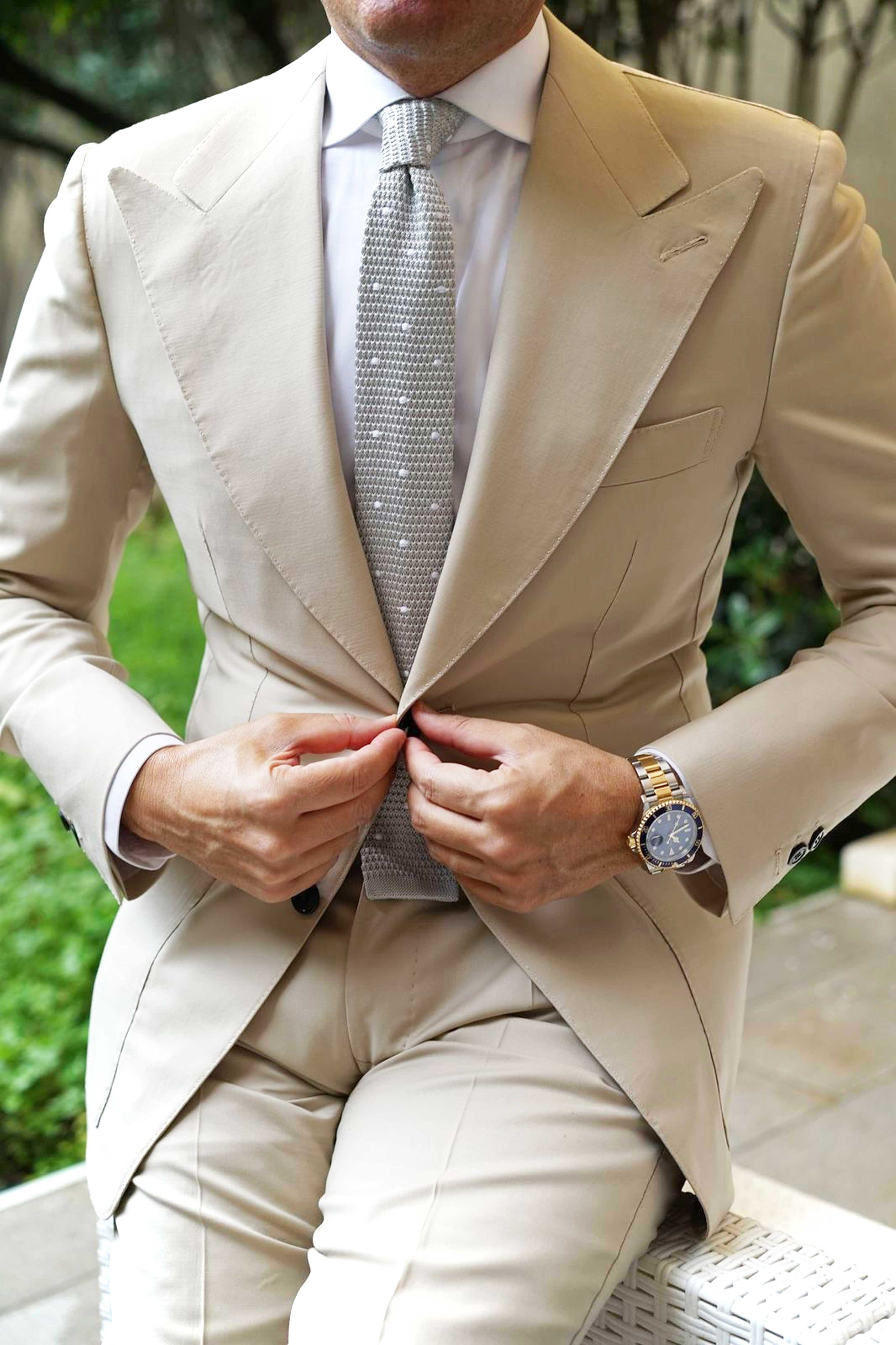 Light Grey Knitted Tie with White Polka Dots