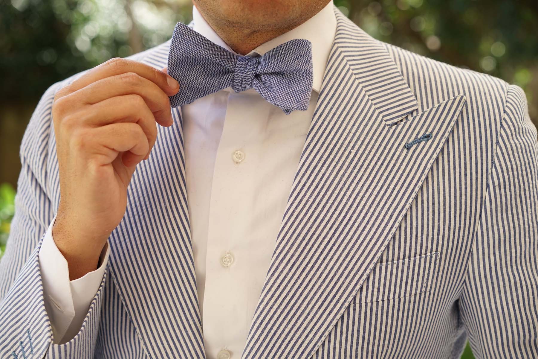 Santorini Blue Zig Zag Linen Self Bow Tie