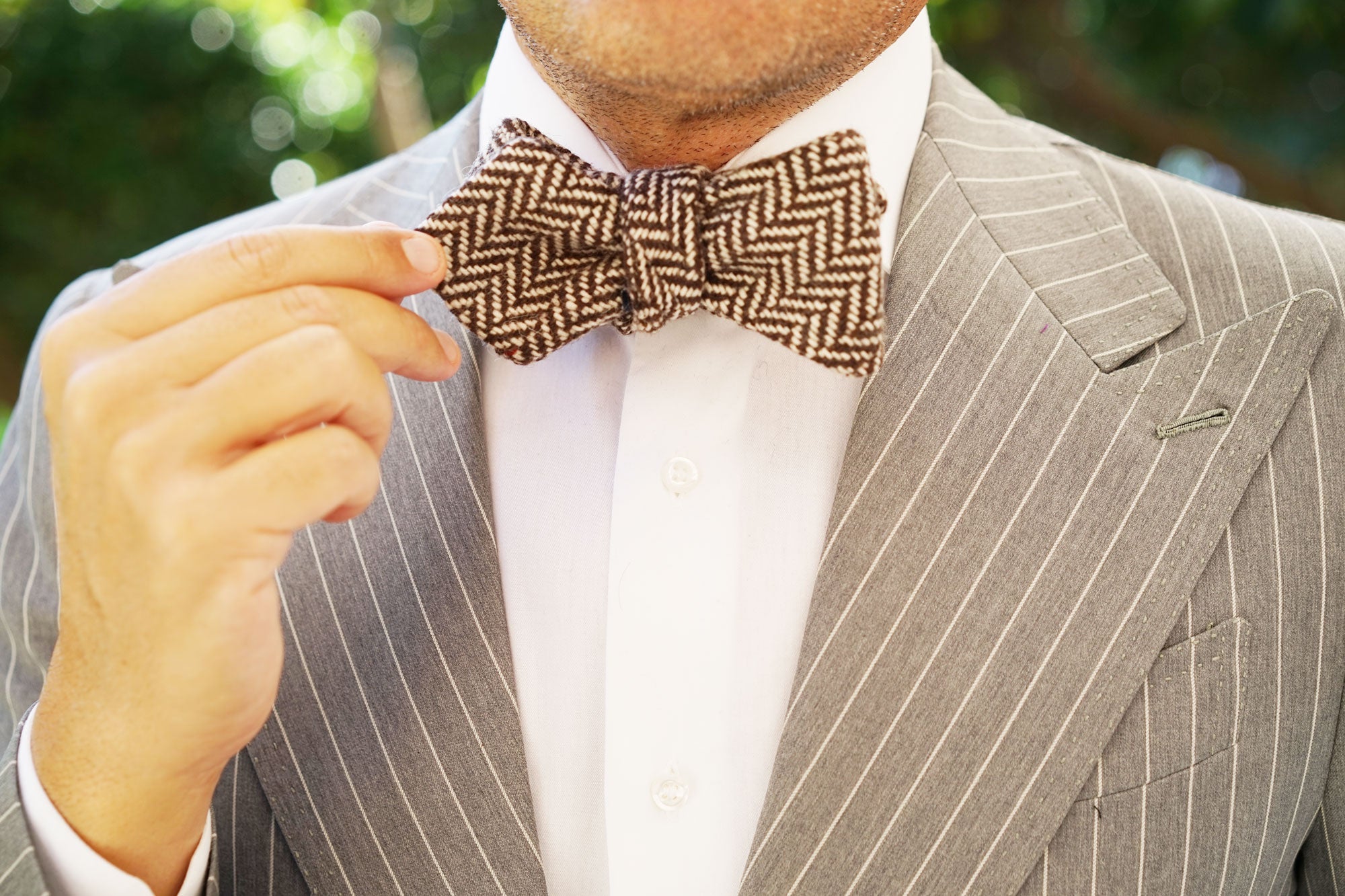 Brown Chevron Wool Diamond Self Bow Tie