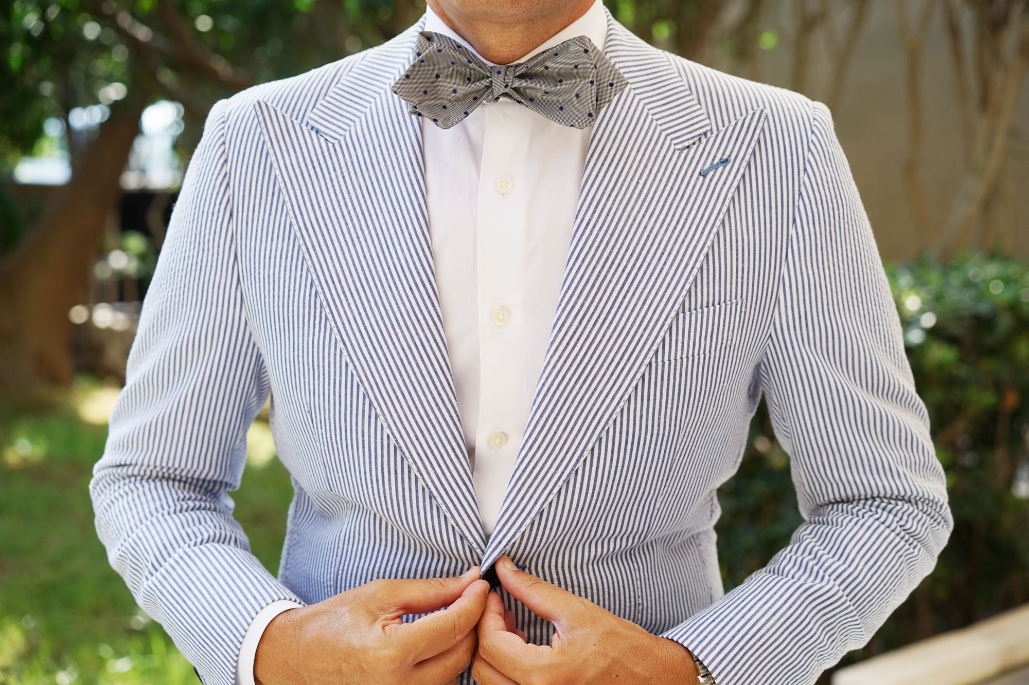 Grey with Oxford Navy Blue Polka Dots Self Tie Diamond Tip Bow Tie