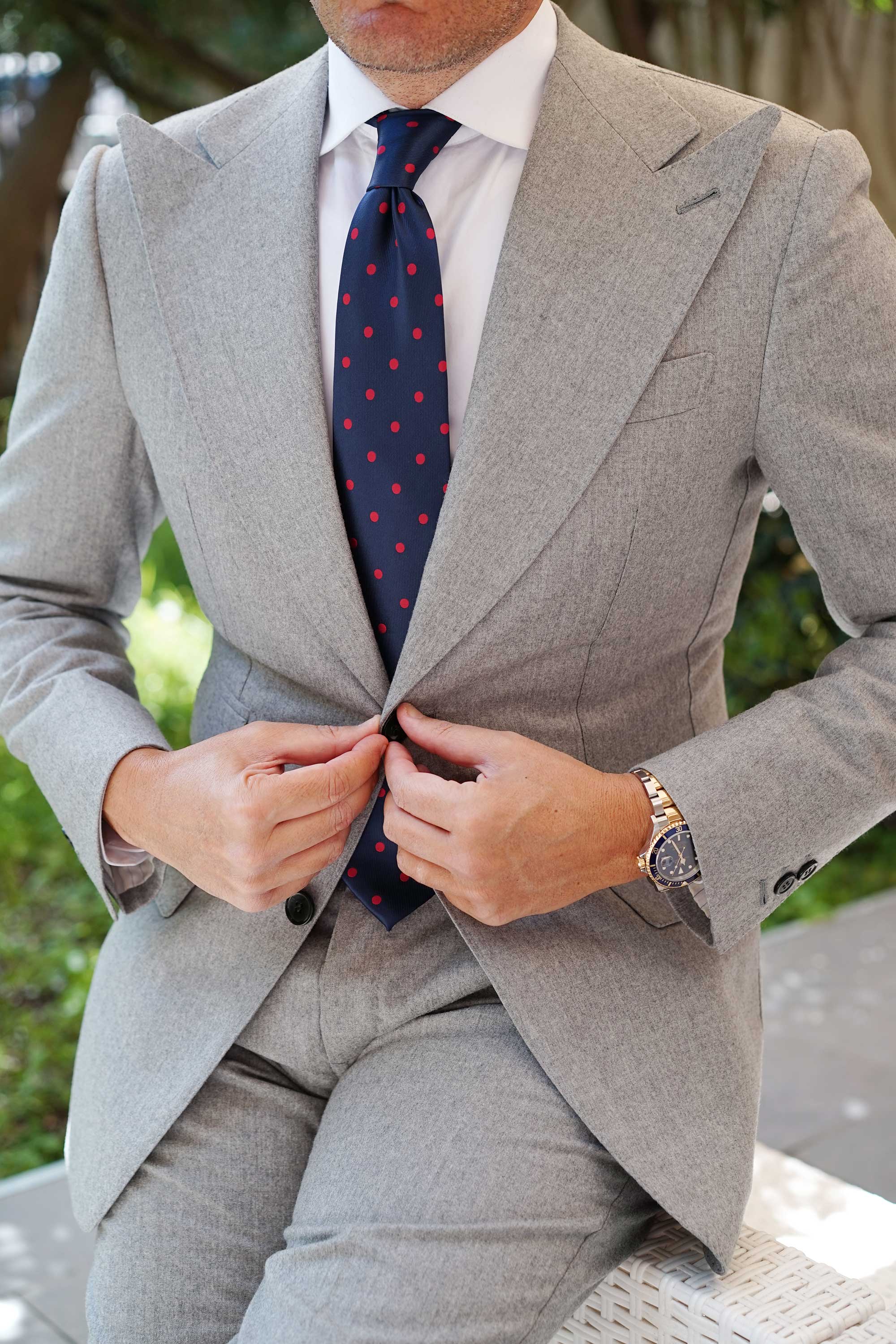 Navy Blue Tie with Red Polka Dots