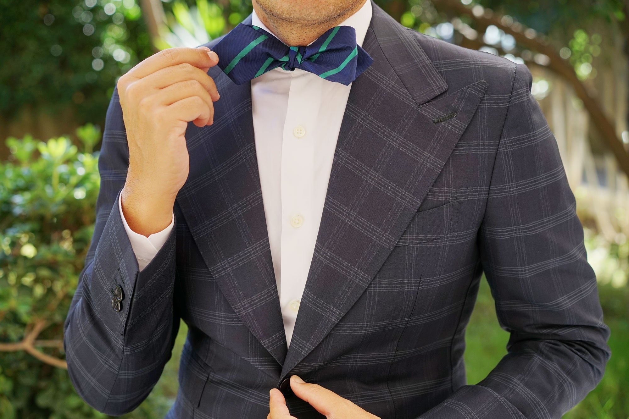 Navy Blue with Green Stripes Self Tie Diamond Tip Bow Tie