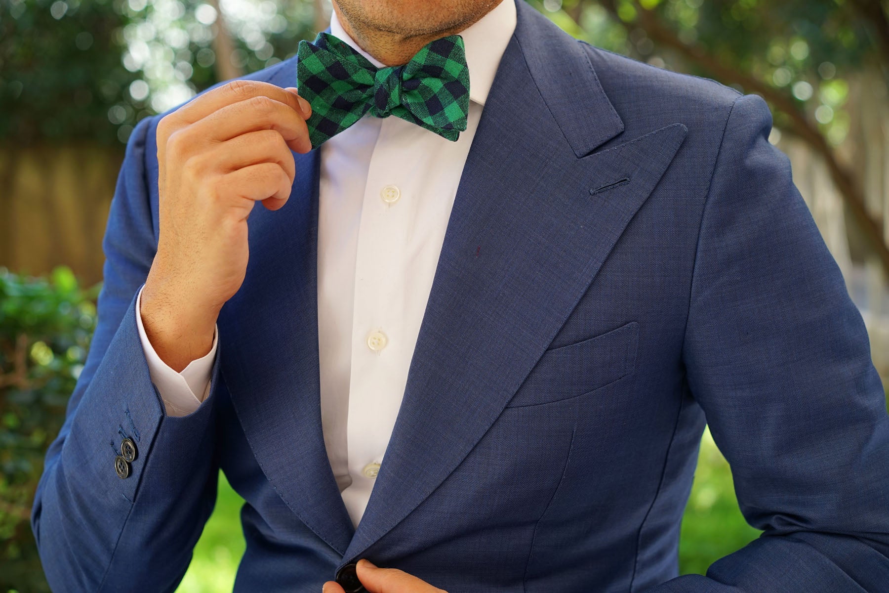 Raw Green Gingham Linen Self Bow Tie