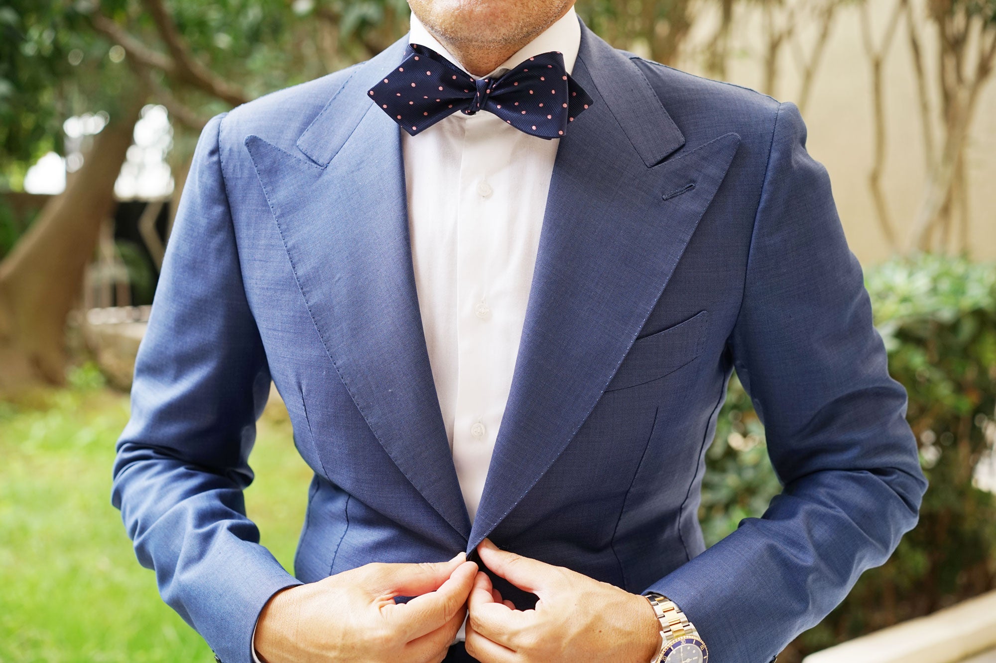 Navy Blue with Pink Polka Dots Self Tie Diamond Tip Bow Tie