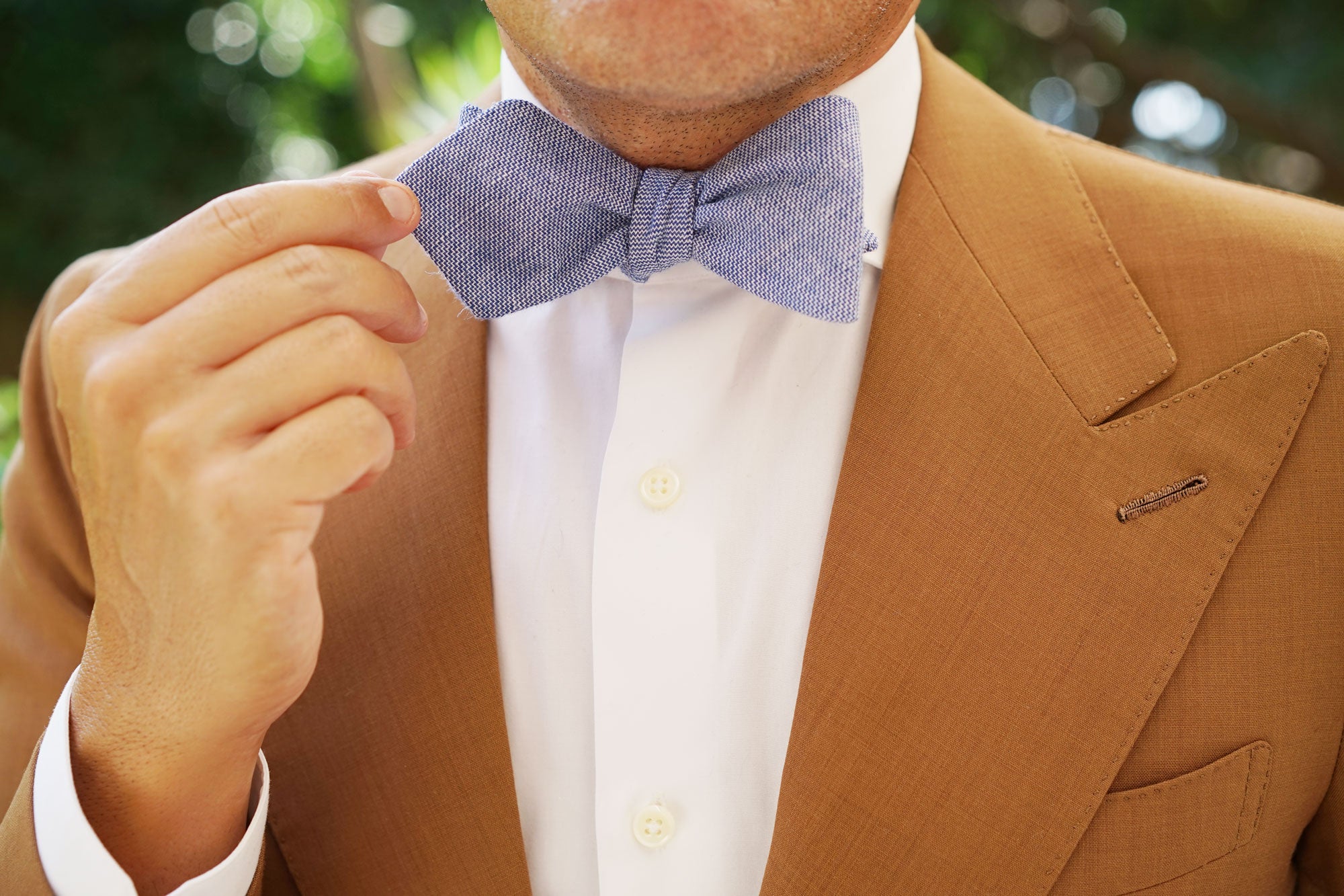 Santorini Blue Zig Zag Linen Diamond Self Bow Tie