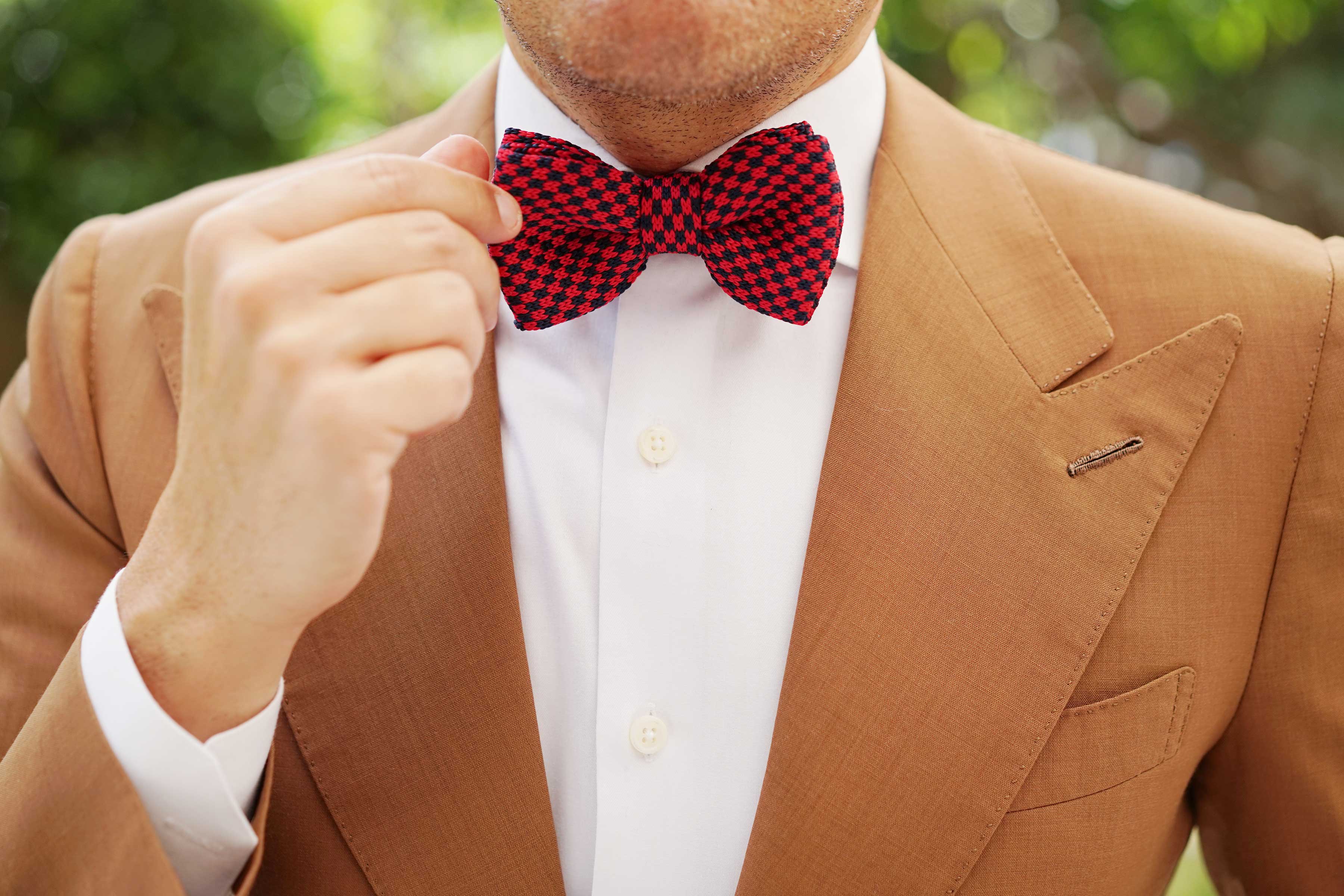 Red with Navy Blue Checkered Knitted Bow Tie