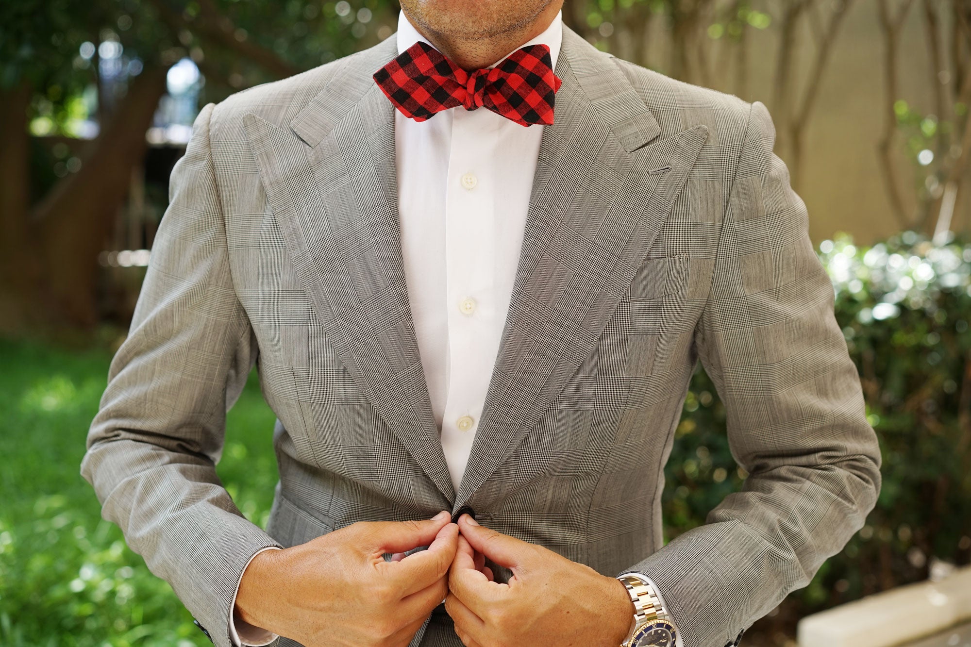 Red & Black Gingham Diamond Self Bow Tie