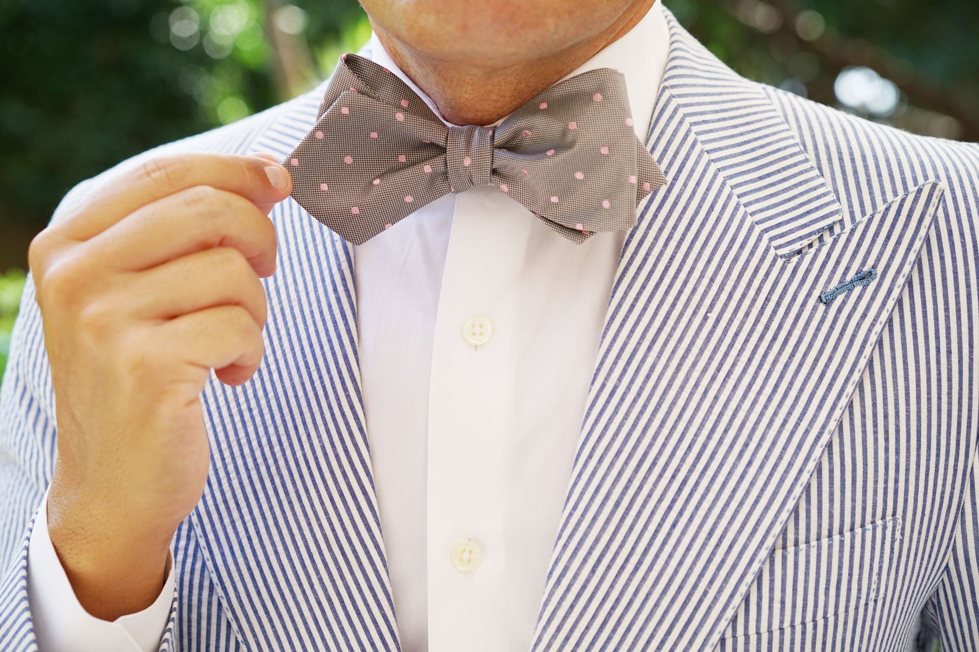 Grey with Baby Pink Polka Dots Self Tie Diamond Tip Bow Tie