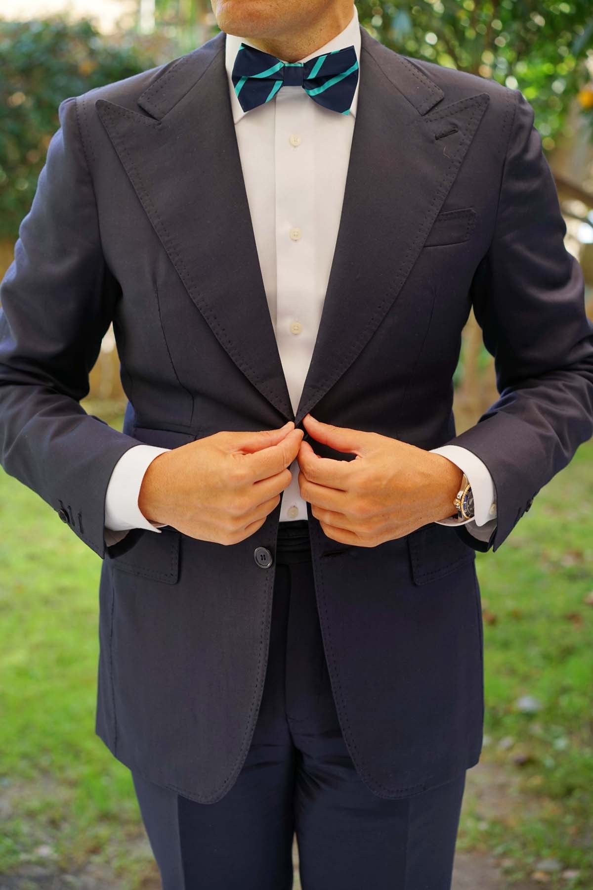 Navy Blue with Green Stripes Bow Tie